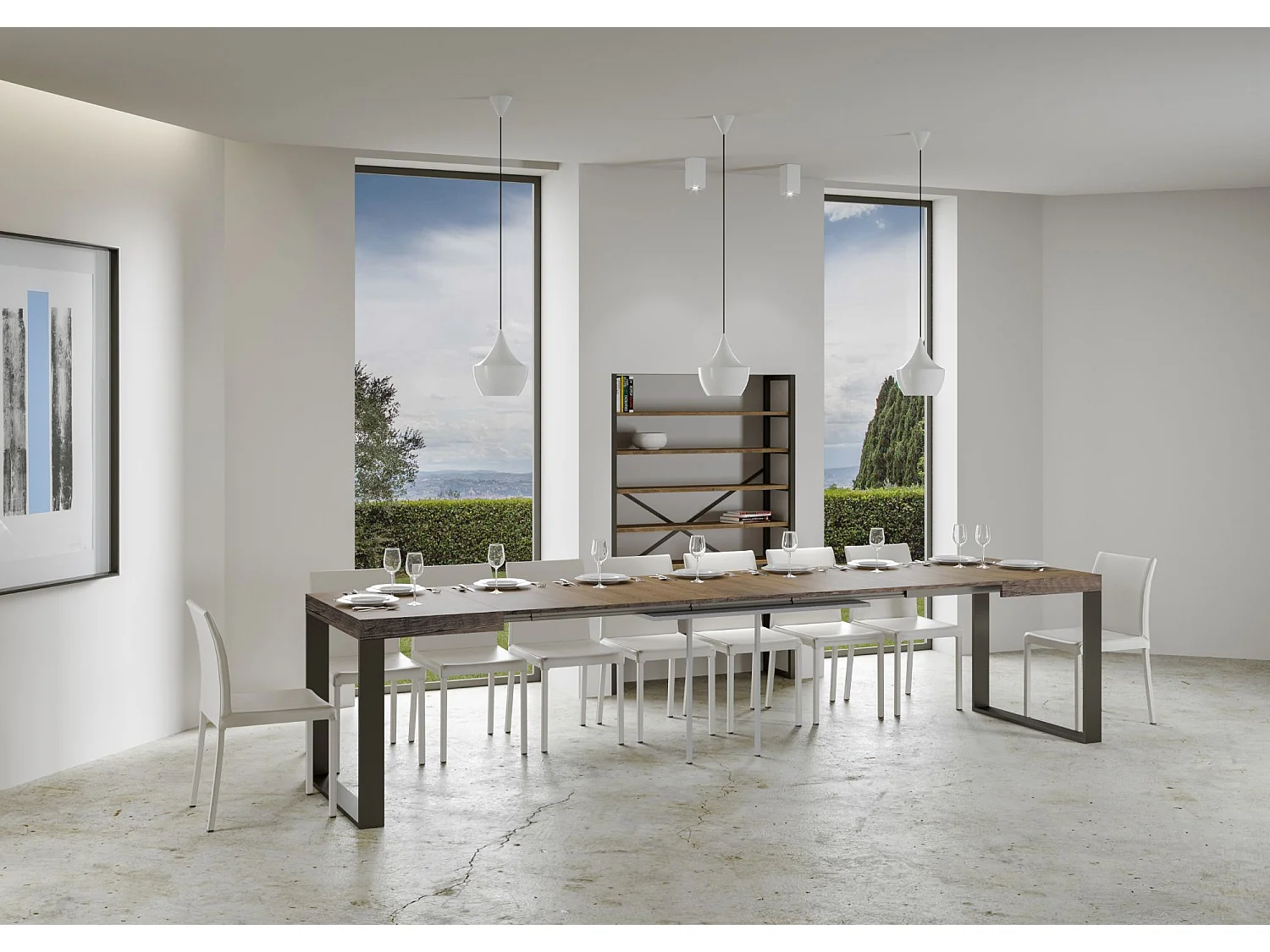 Udtræksbord 200/460x90 cm Tecno valnød med antracit ben