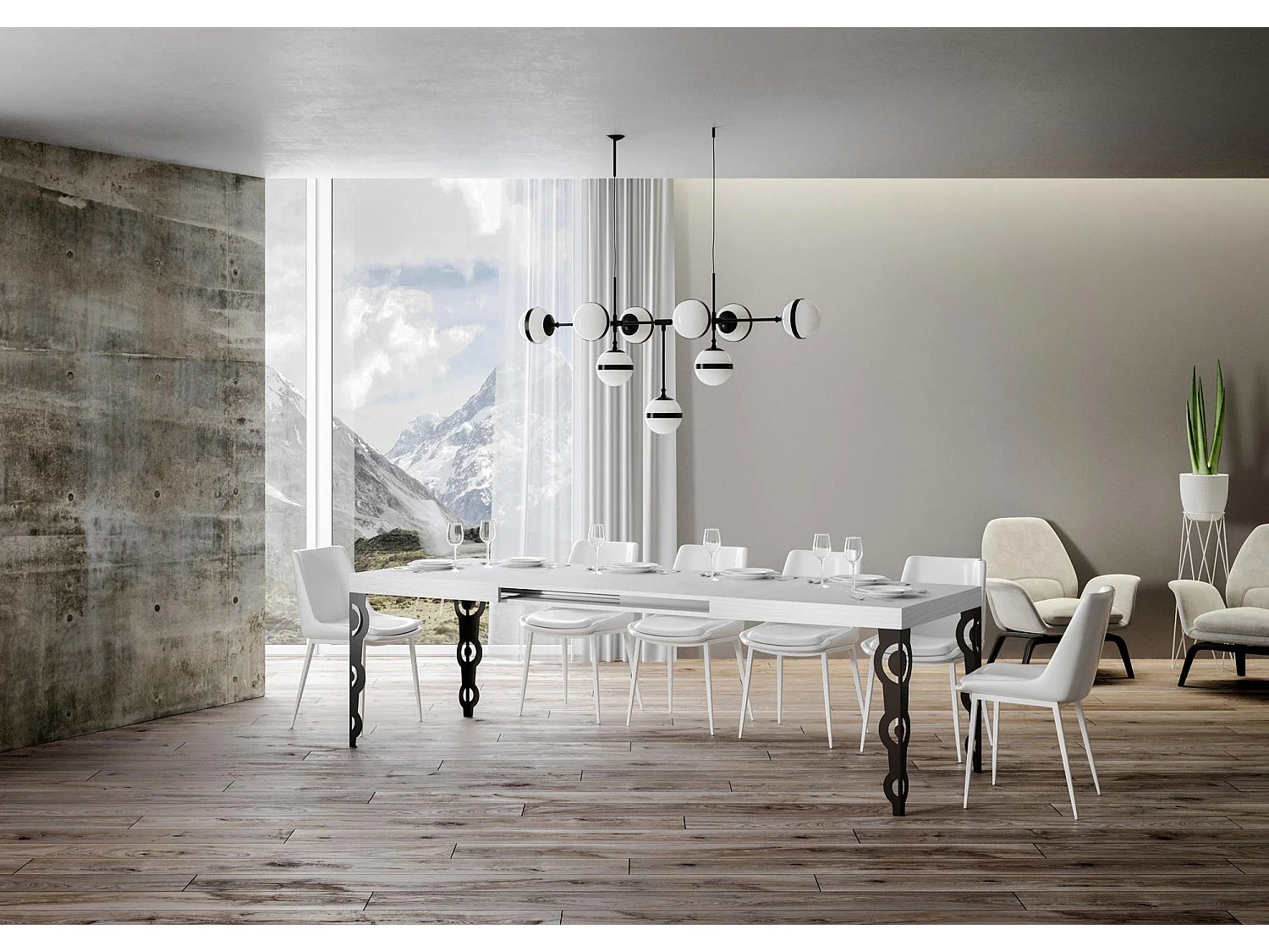 Mesa extensível Karamay 140/400x90 cm cinza branco pernas antracite