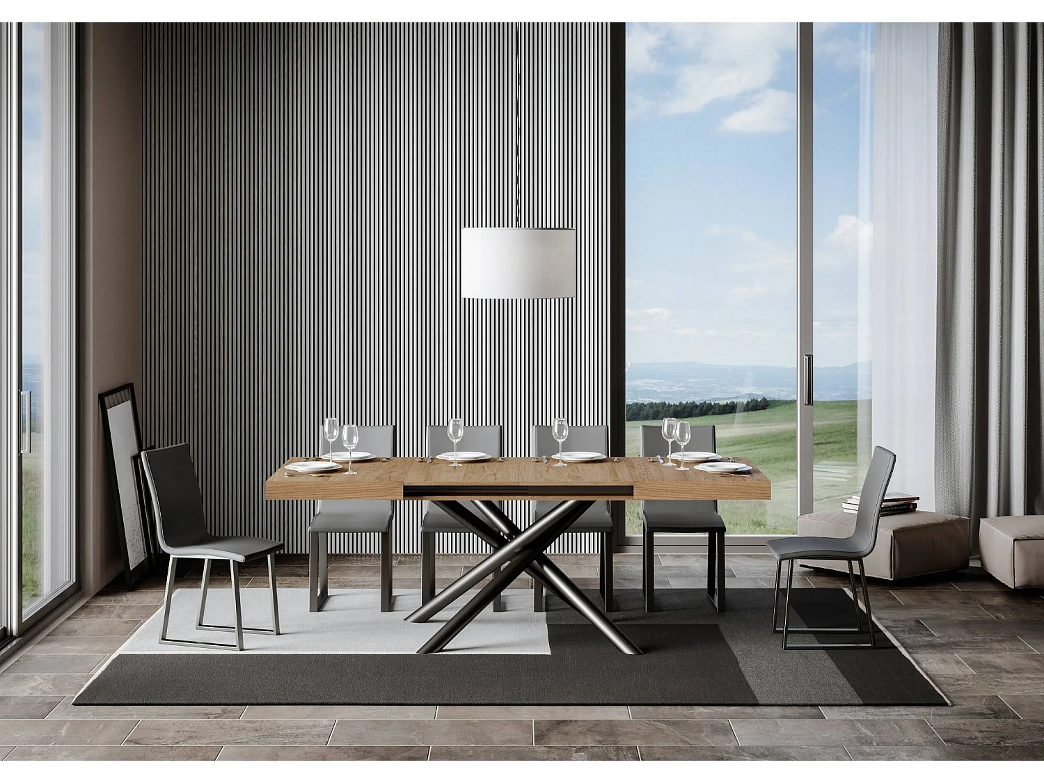 Table extensible 90x140/400 cm Famas Chêne Nature cadre Anthracite