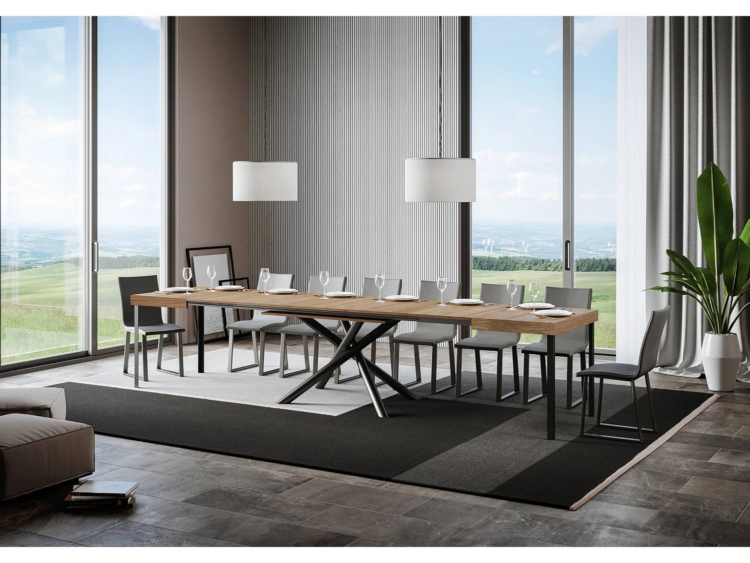 Table extensible 90x140/400 cm Famas Chêne Nature cadre Anthracite