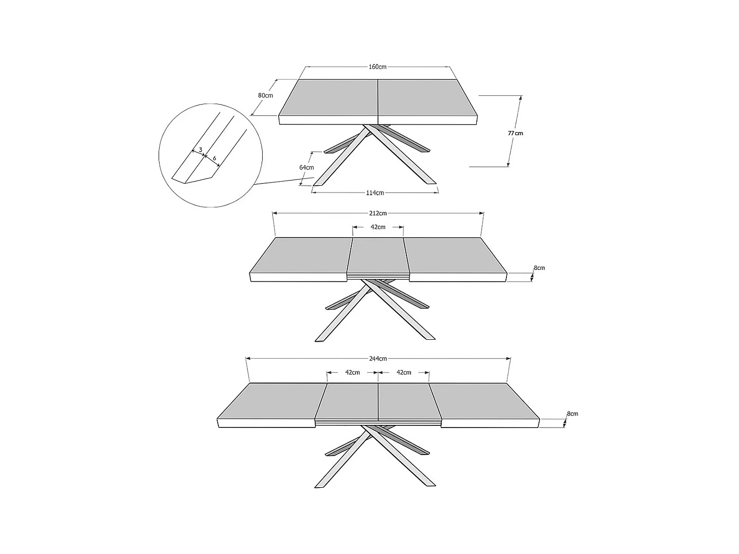 Ausziehtisch 80x160/244 cm Karida Kaschmir mit Eisenrahmen aus Anthrazit
