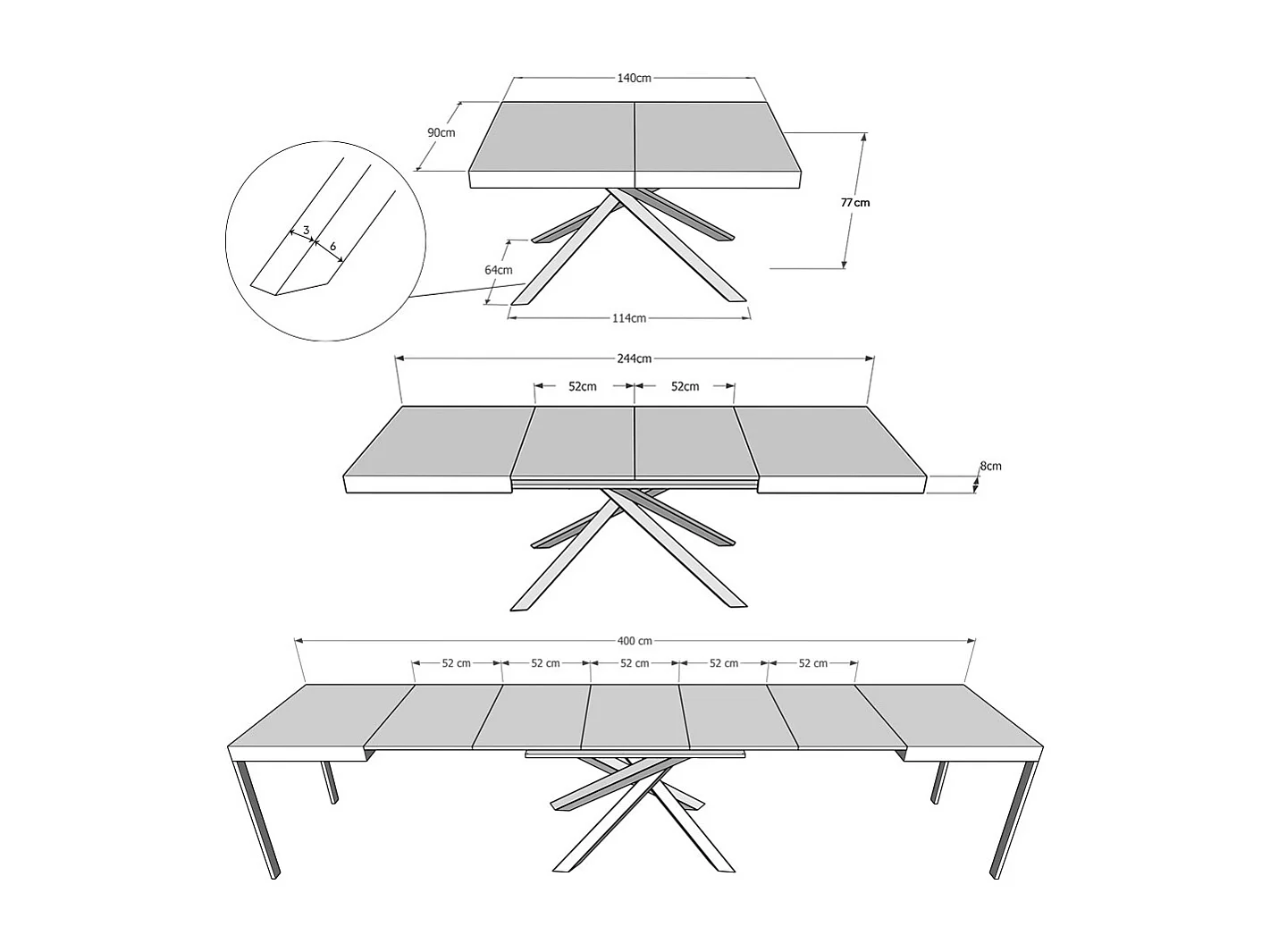 Table extensible 90x140/400 cm Karida cachemire pieds blancs