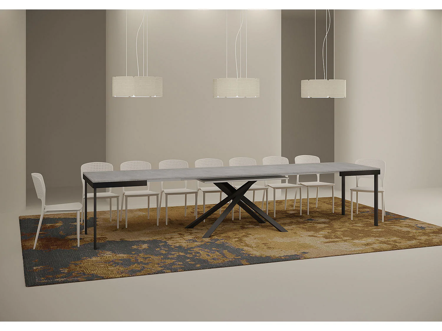 Uitschuifbare tafel 120/380x90 cm Karida Evolution cement met antraciet frame en poten