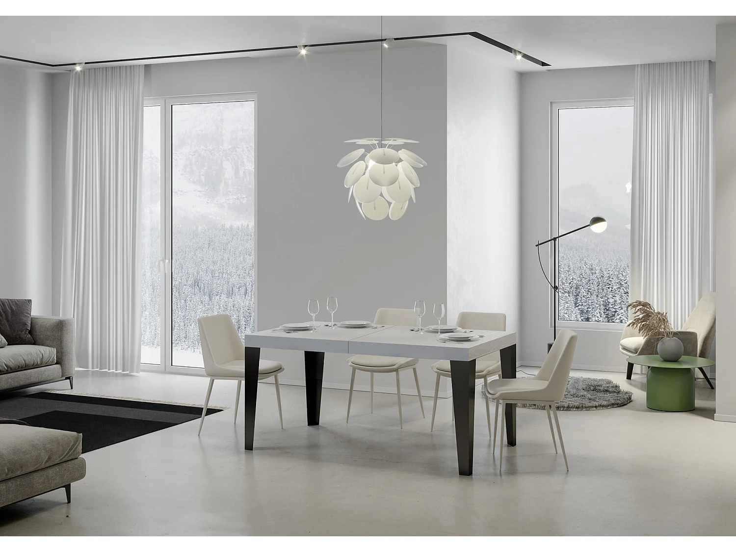 Table extensible 140/400x90 cm Flame frêne blanc pieds anthracite