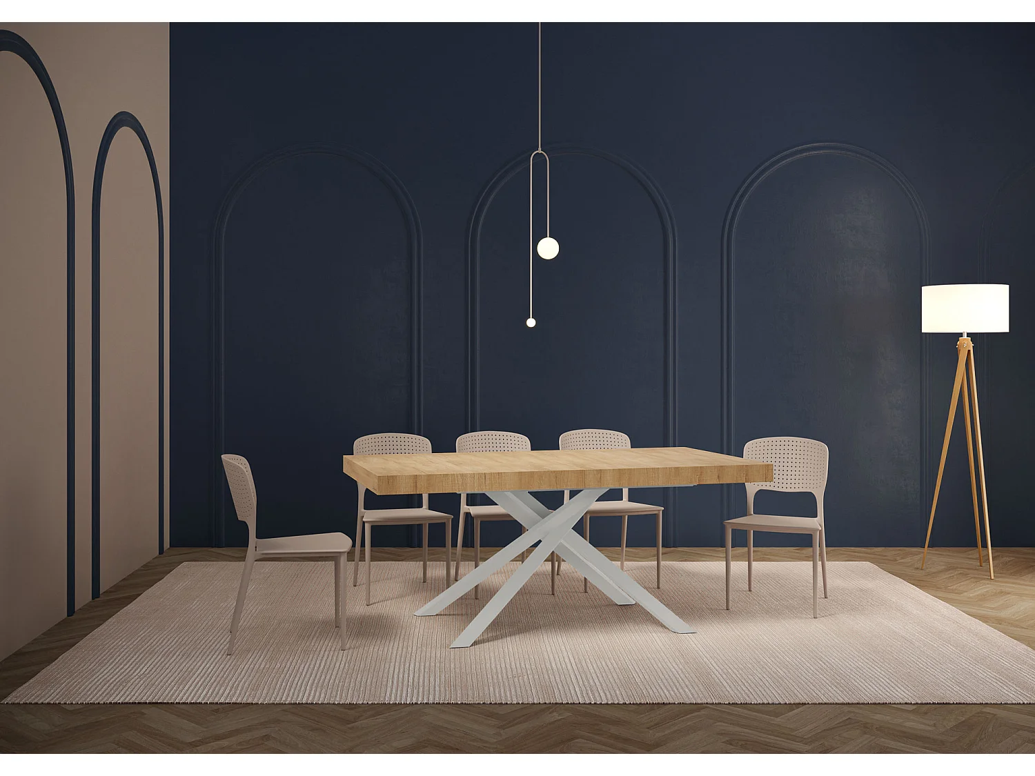 Table extensible 200/460x90 cm Karida effet bois, chêne nature pieds blancs