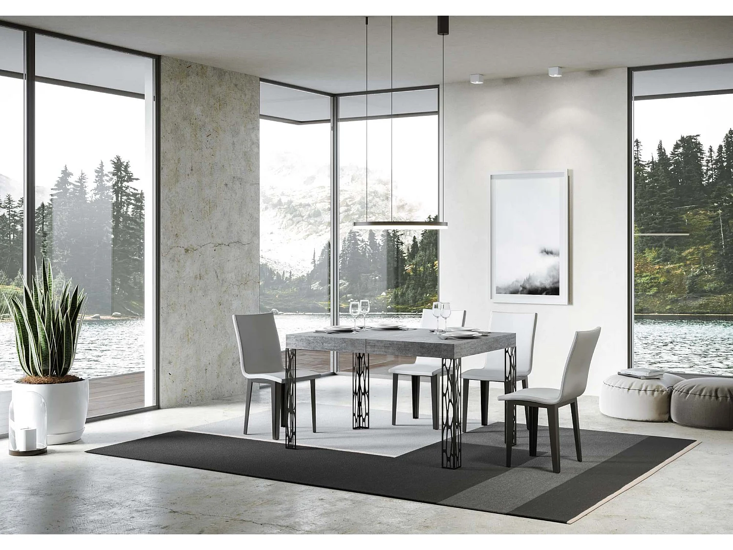 Ausziehtisch 80x140/224 cm Ghibli Zement mit Eisenrahmen aus Anthrazit