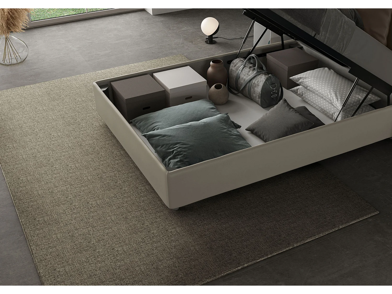 Łóżko wyposażone w stelaż z listwami z pojemnikiem tapicerowane 120x210 sztucznej skóry cappuccino Antea Large