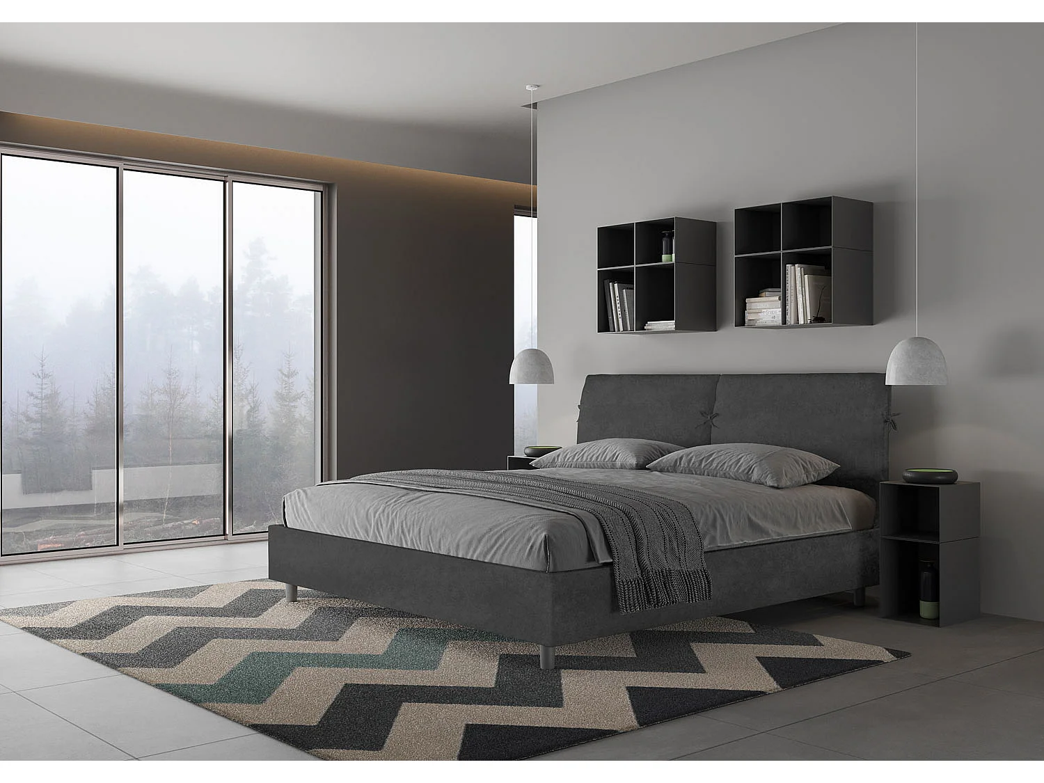 Lit king size coffre rembourré 200x200 microfibre gris Mados