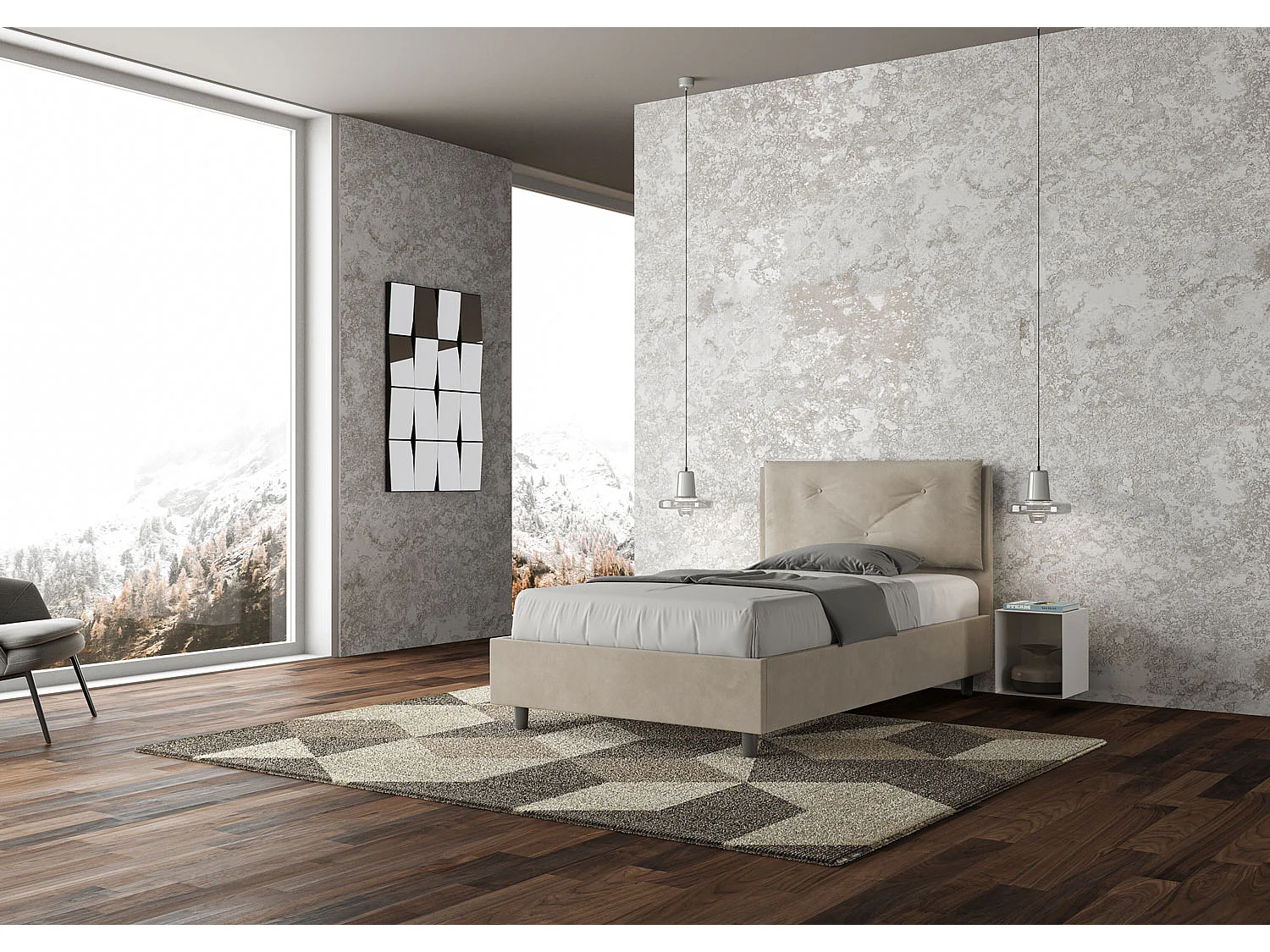 Lit 1 place et demi coffre rembourré 120x190 microfibre sable Appia Large