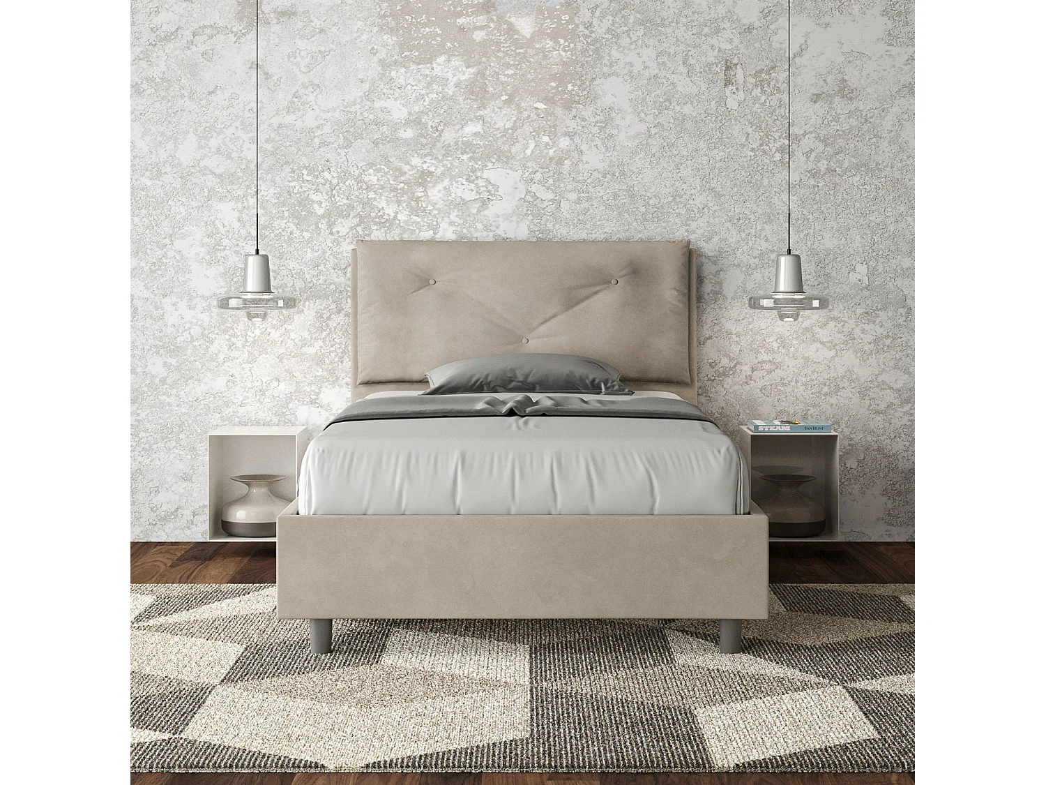 Letto una piazza e mezza contenitore imbottito 120x190 microfibra sabbia Appia Large