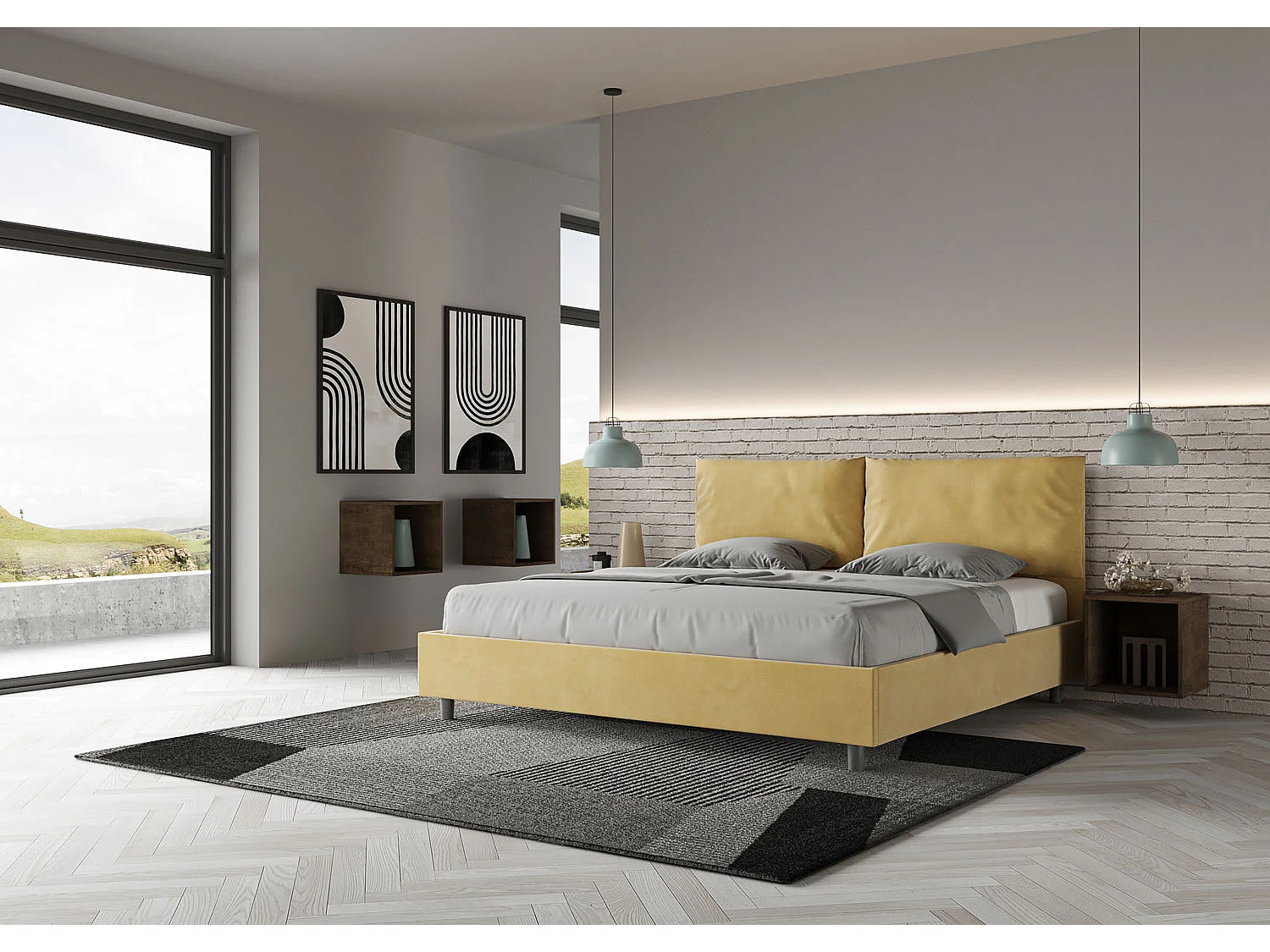 Cama de casal super king size com arrumação estofada 200x200 microfibra ocre Antea Large