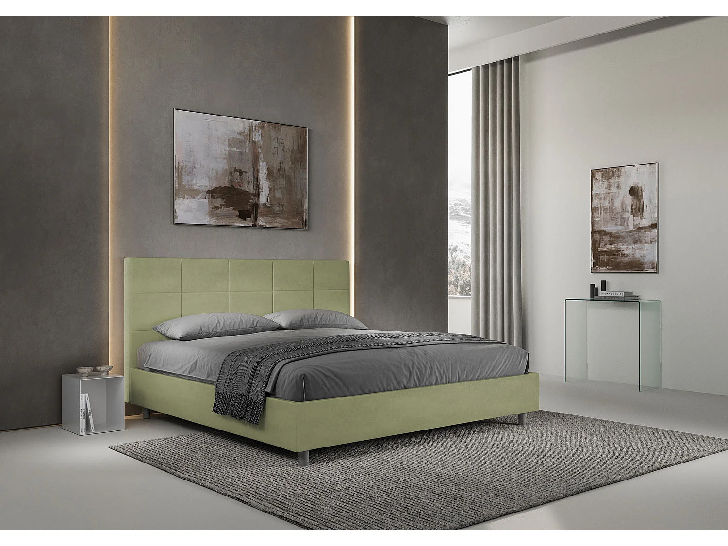 Lit king size coffre rembourré 200x200 microfibre vert Mika