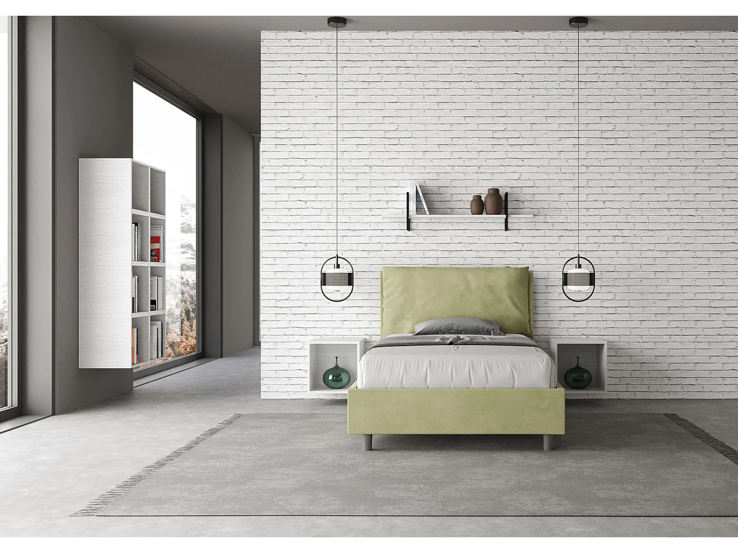 Cama de una plaza y medio con almacenaje acolchada 120x190 microfibra verde Antea Large