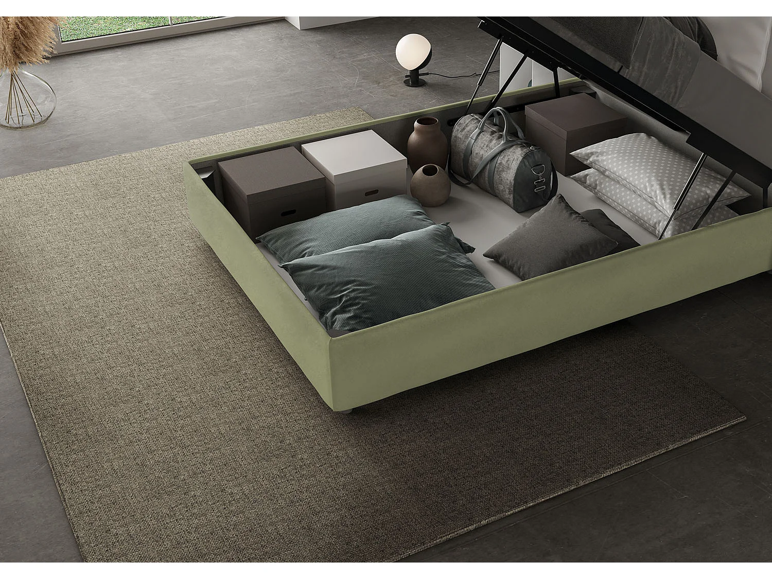Cama de una plaza y medio con almacenaje acolchada 120x190 microfibra verde Antea Large