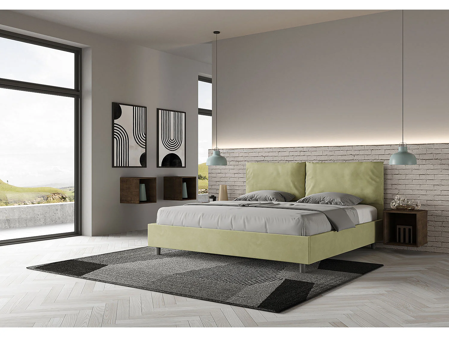 Cama de casal super king size com arrumação estofada 200x200 microfibra verde Antea Large