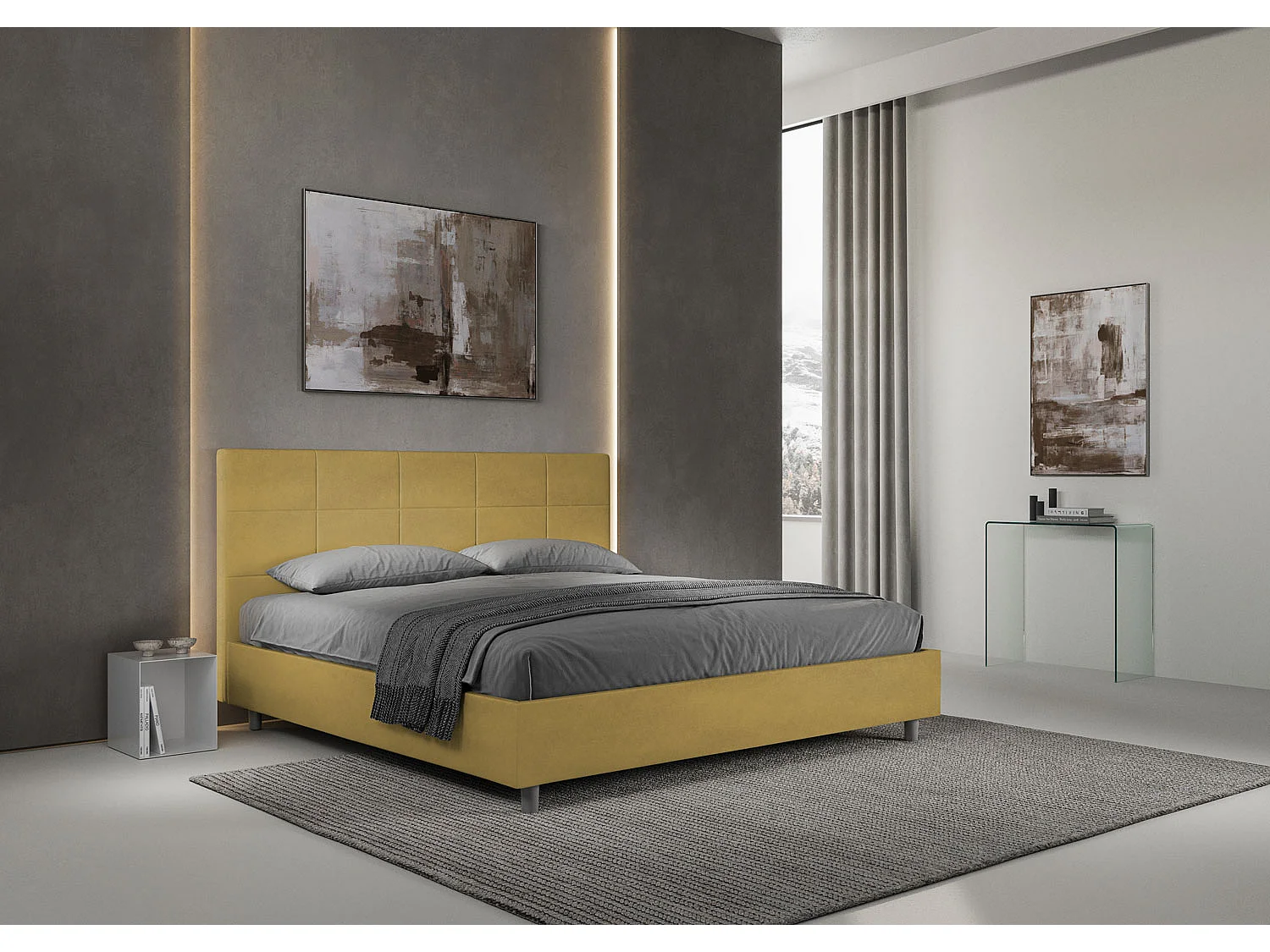 Cama matrimonial con almacenaje acolchada 200x200 microfibra ocre Mika