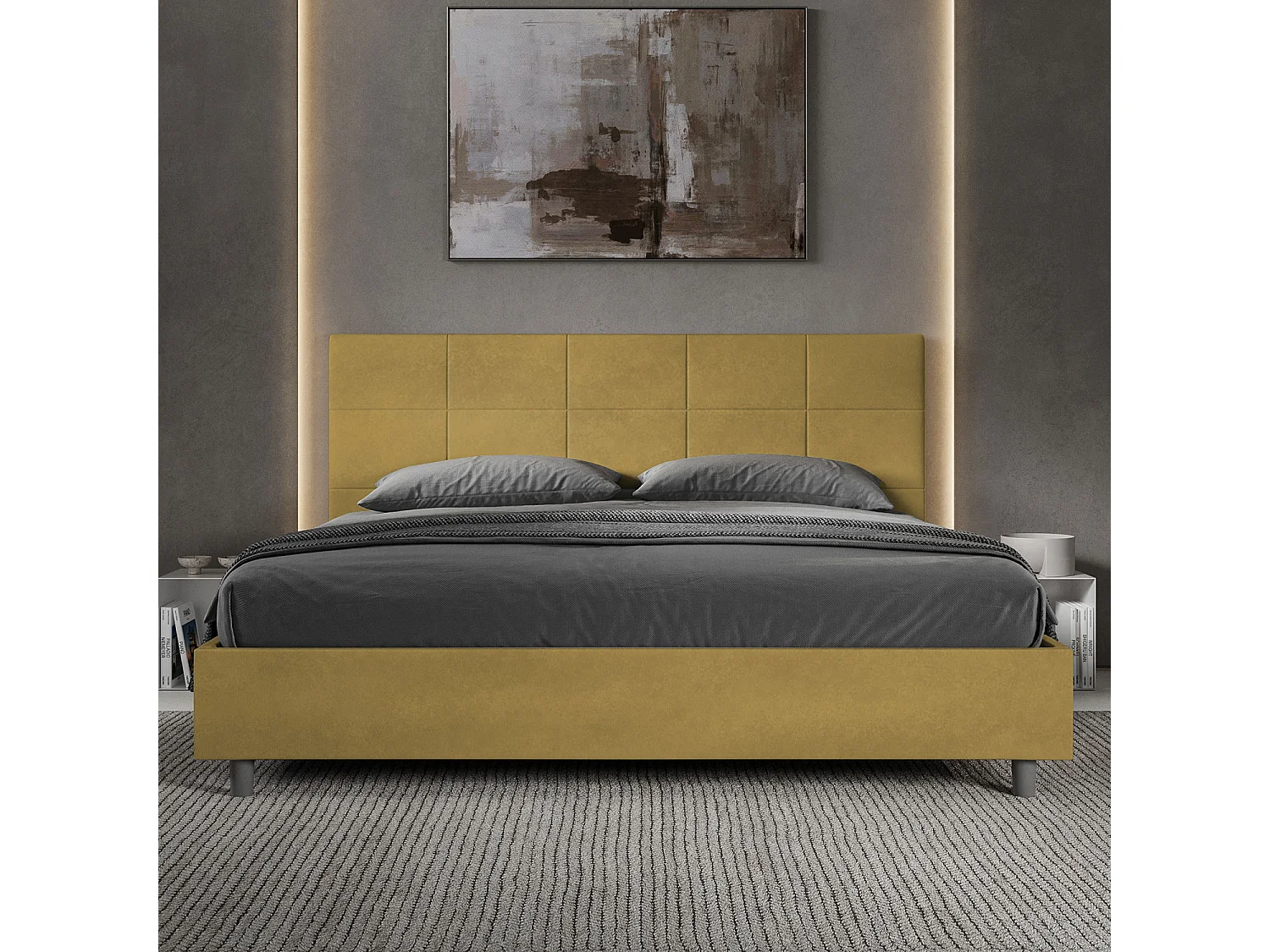 Lit king size coffre rembourré 200x200 microfibre ocre Mika