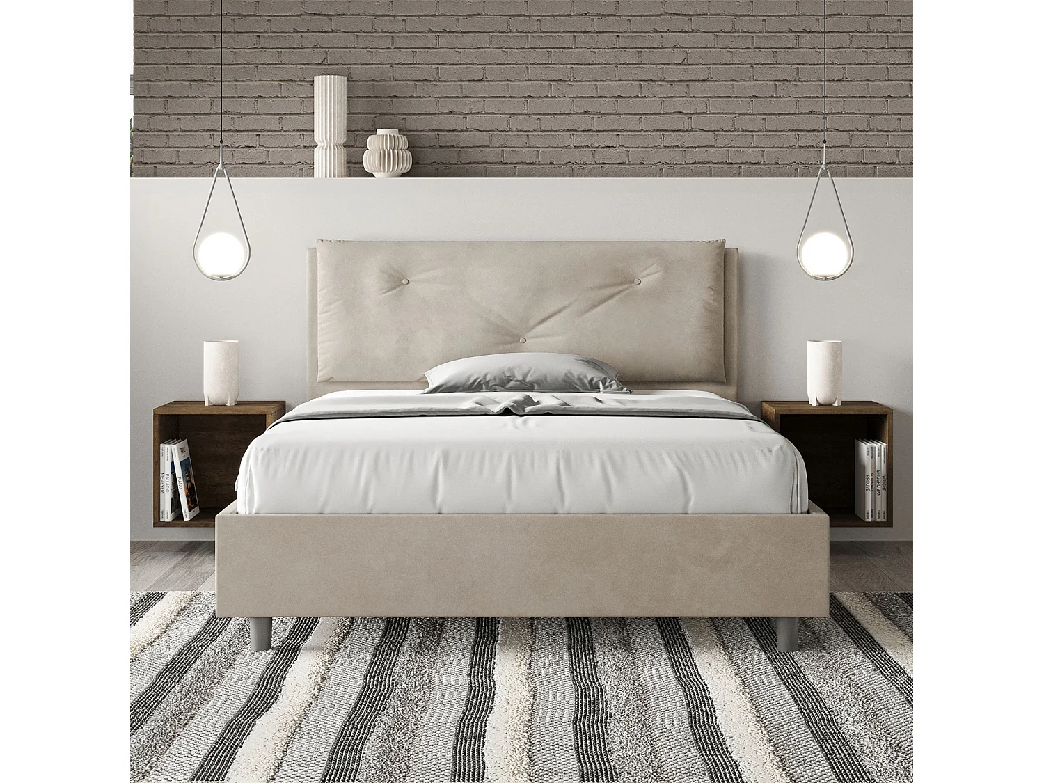 Letto matrimoniale francese contenitore imbottito 140x210 microfibra sabbia Appia Large