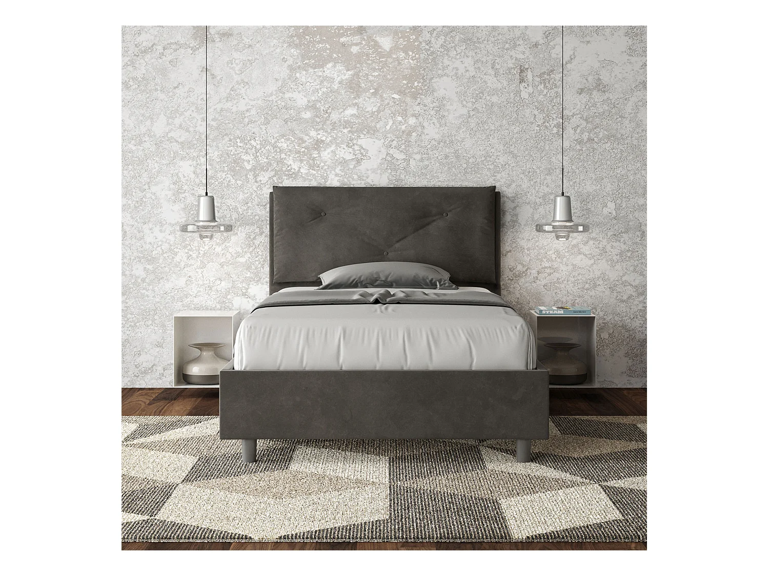 Lit 1 place et demi coffre rembourré 120x190 microfibre gris Appia Large