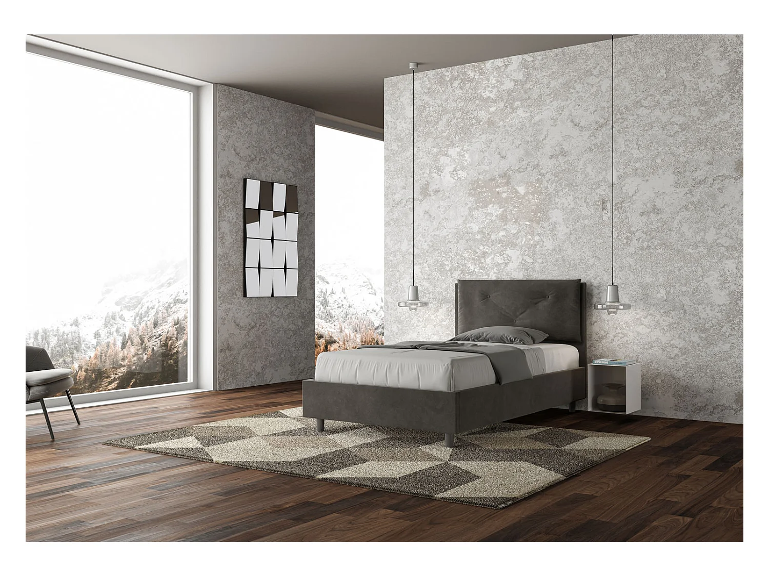 Lit 1 place et demi coffre rembourré 120x190 microfibre gris Appia Large