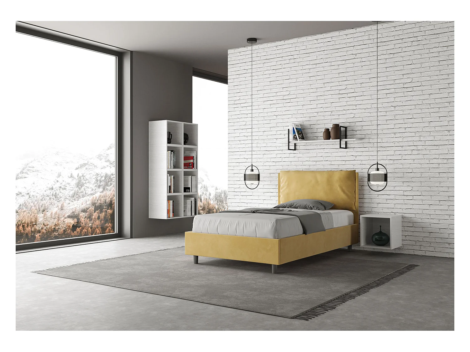 Lit 1 place et demi coffre rembourré 120x190 microfibre ocre Antea Large