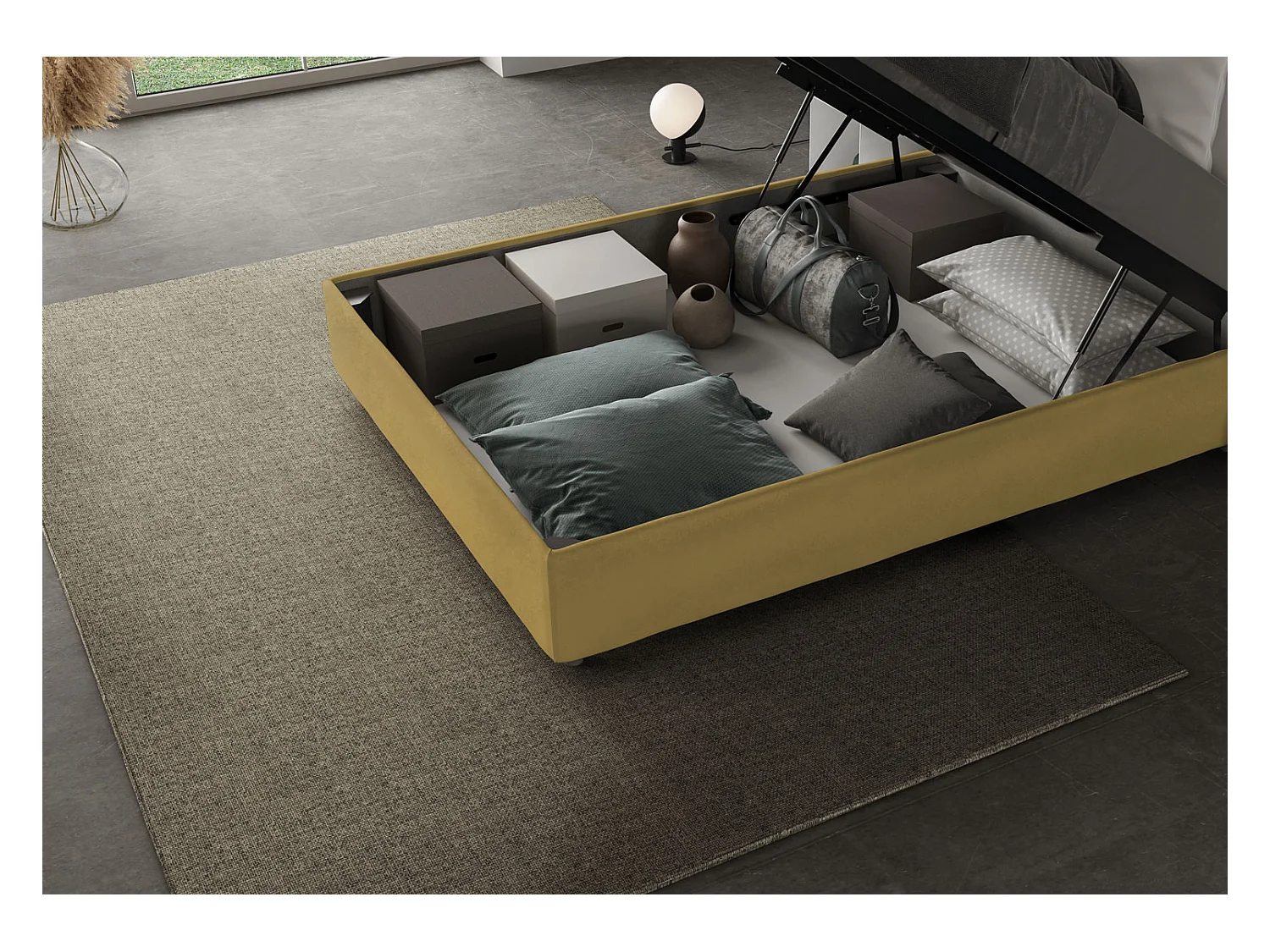Lit 1 place et demi coffre rembourré 120x190 microfibre ocre Antea Large