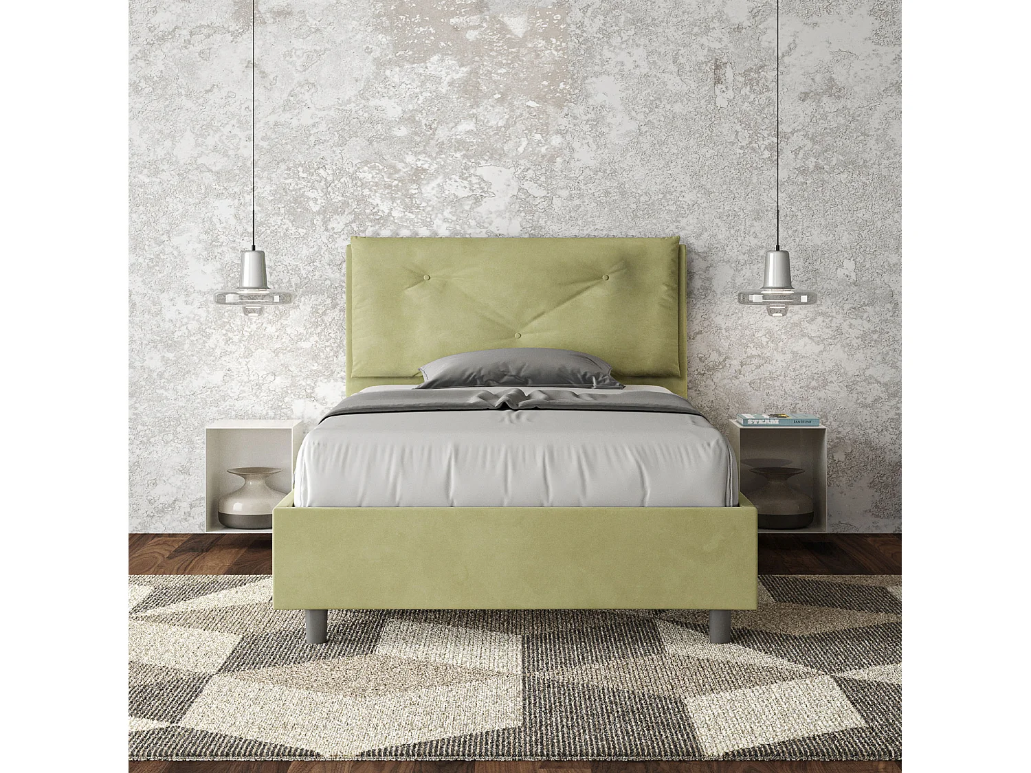 Cama de una plaza y medio con almacenaje acolchada 120x210 microfibra verde Appia Large