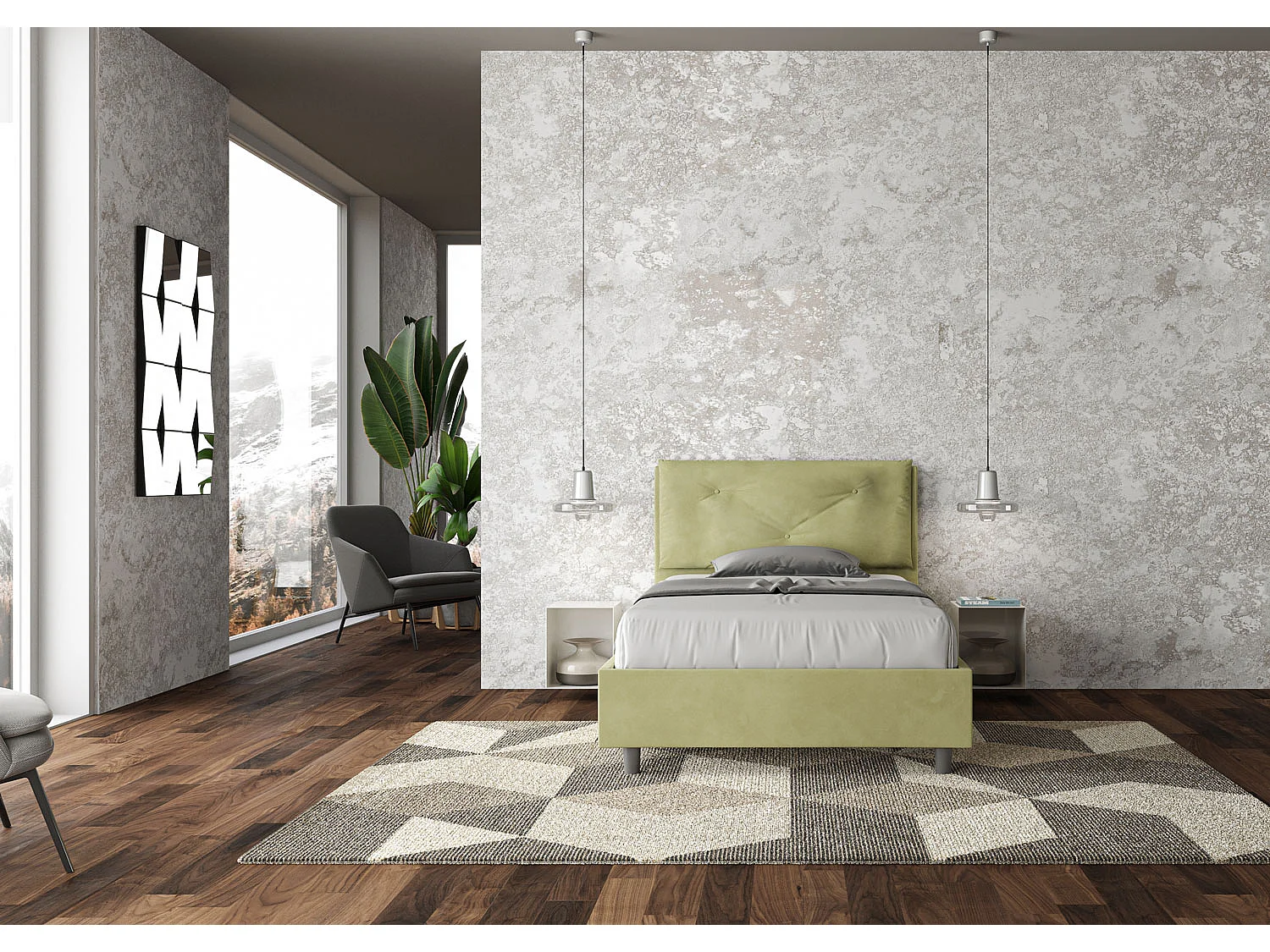Cama de una plaza y medio con almacenaje acolchada 120x210 microfibra verde Appia Large