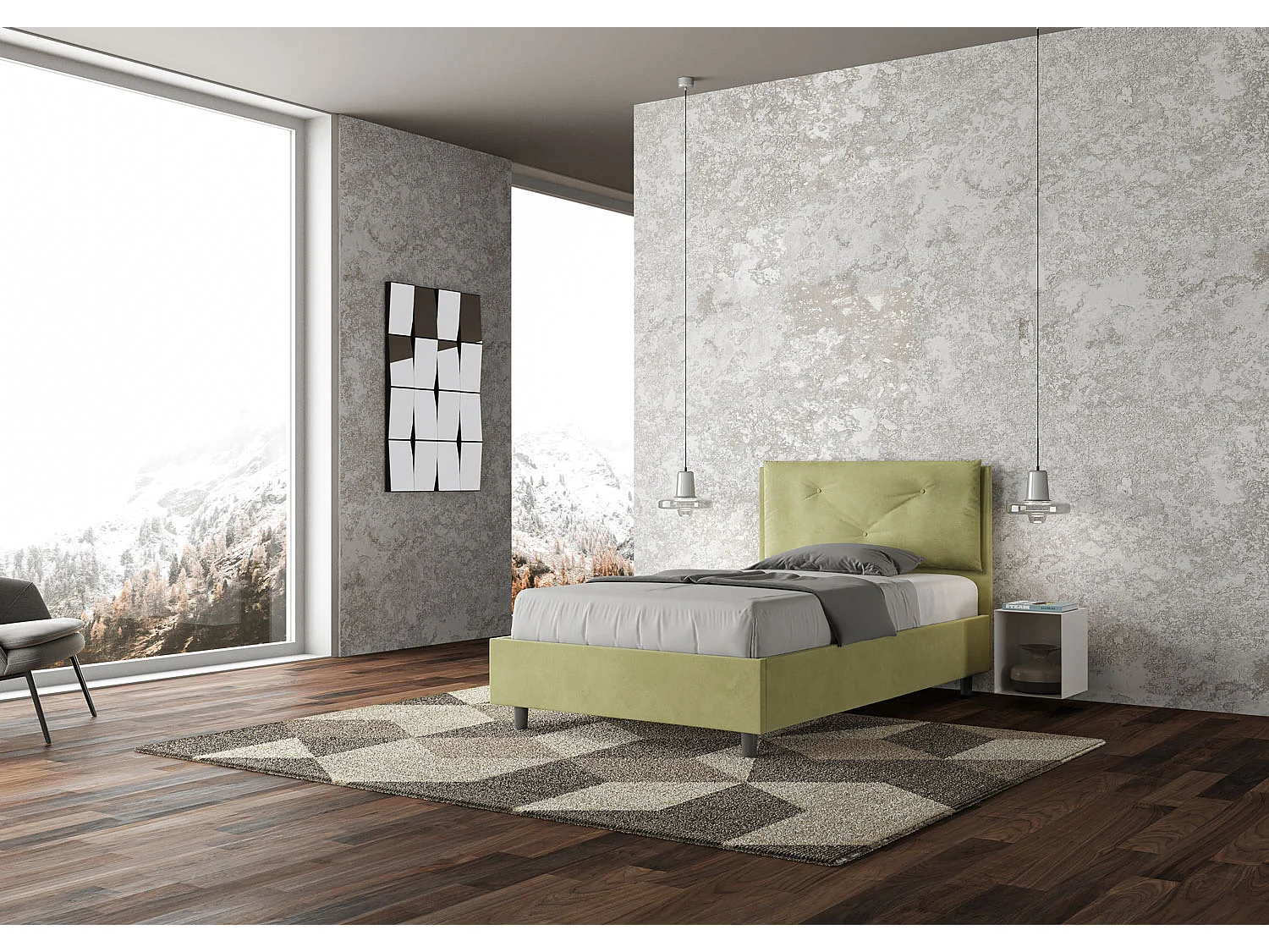 Cama de una plaza y medio con almacenaje acolchada 120x210 microfibra verde Appia Large