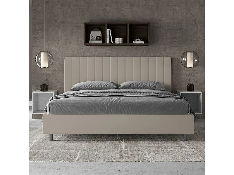 Cama matrimonial con almacenaje acolchada 200x200 cuero sintético gris paloma Agueda
