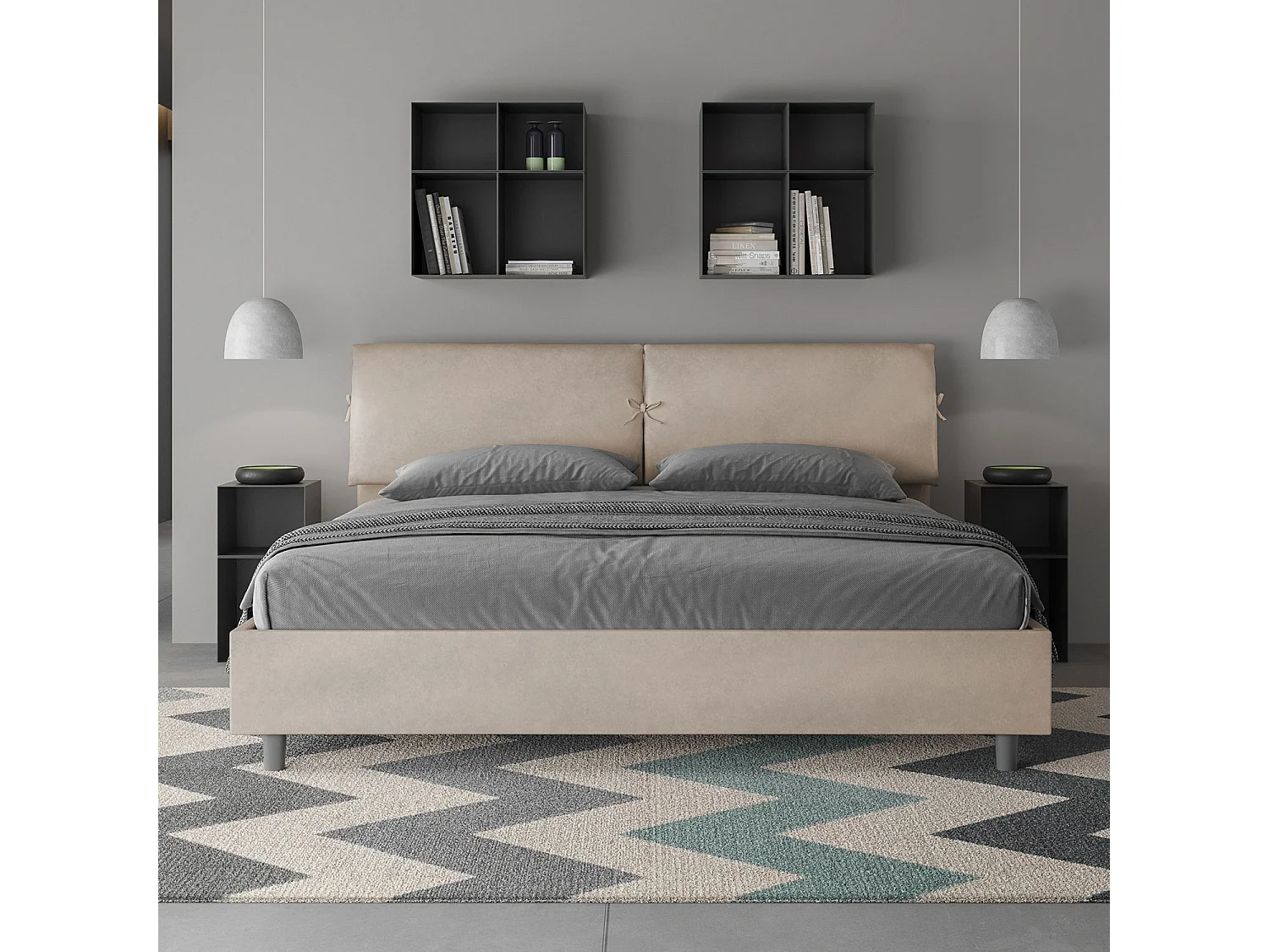 Cama matrimonial con almacenaje acolchada 200x200 microfibra arena Mados