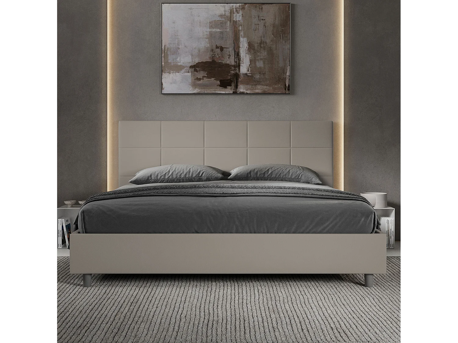 Cama matrimonial con almacenaje acolchada 200x210 cuero sintético gris paloma Mika