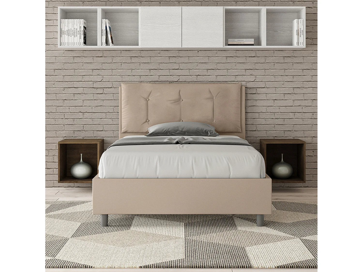 Lit 1 place et demi coffre rembourré 120x210 similicuir taupe Annalisa Large