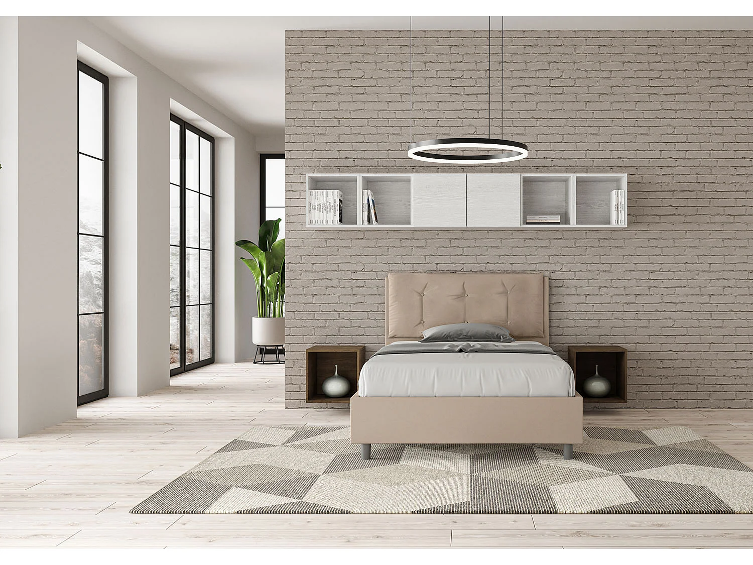 Lit 1 place et demi coffre rembourré 120x210 similicuir taupe Annalisa Large