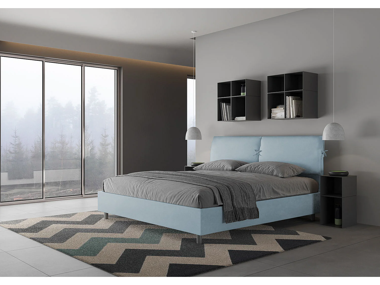 Lit king size coffre rembourré 180x200 microfibre bleu clair Mados