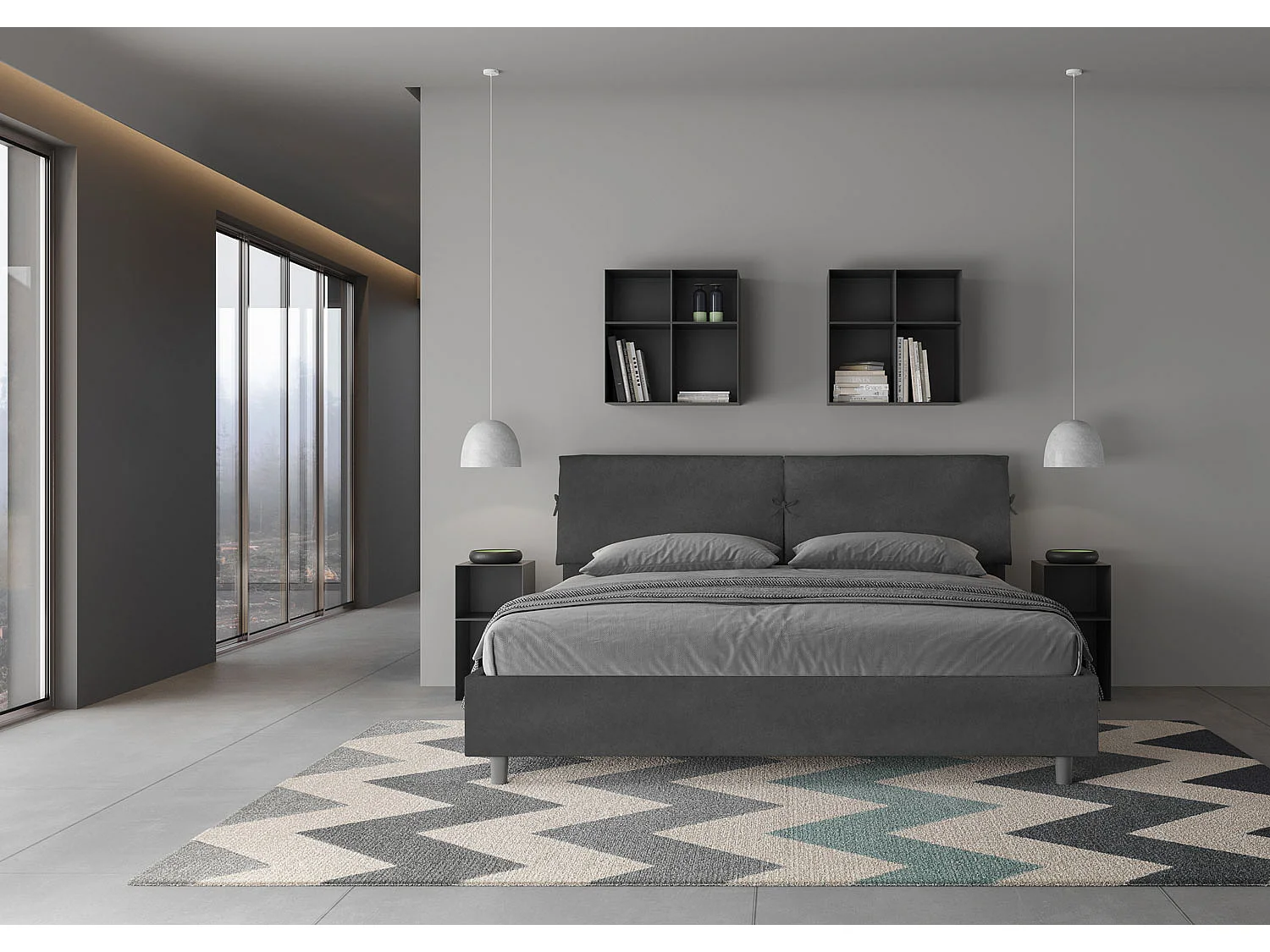 Gepolstertes Bett mit Bettkasten 180x200 mit Mikrofaserbezug Grau Mados