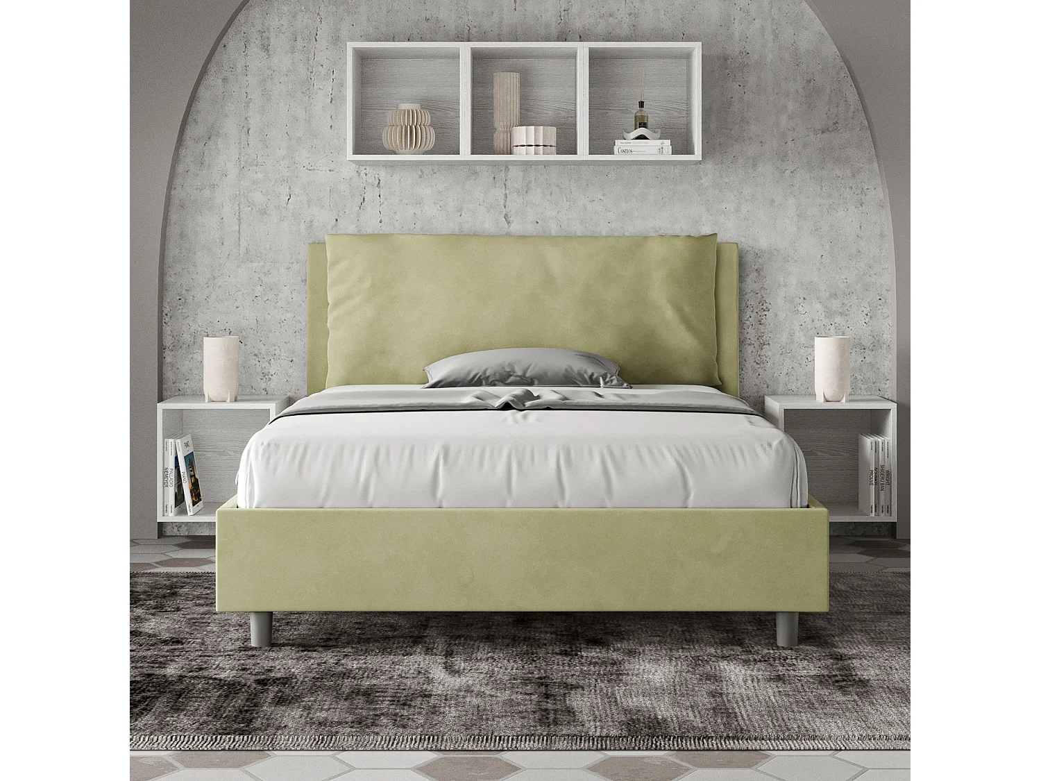 Letto matrimoniale francese contenitore imbottito 140x200 microfibra tè verde Antea Large