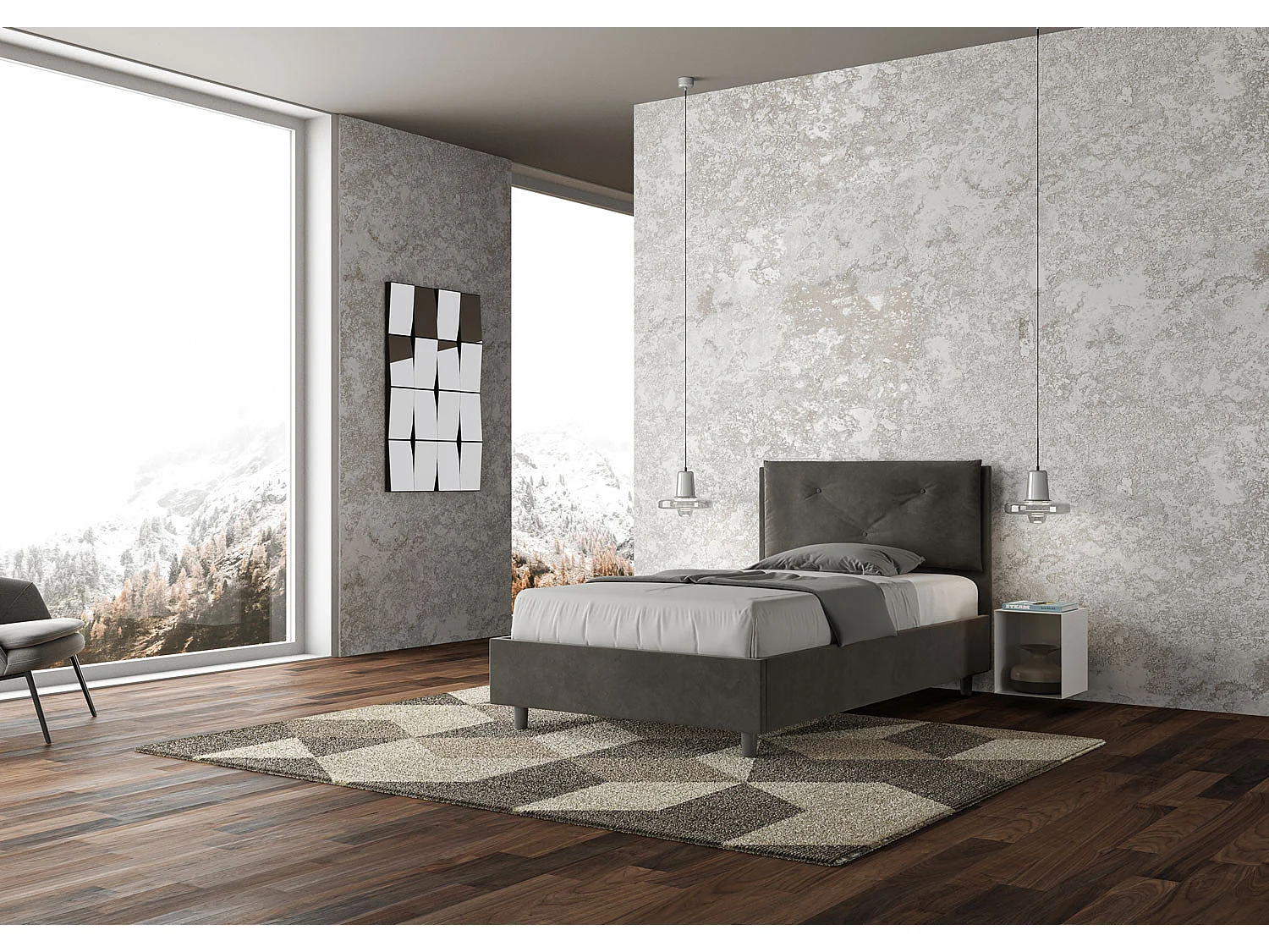 Lit 1 place et demi coffre rembourré 120x200 microfibre gris Appia Large