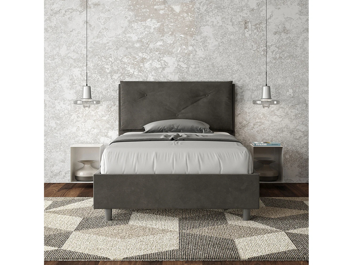 Lit 1 place et demi coffre rembourré 120x200 microfibre gris Appia Large