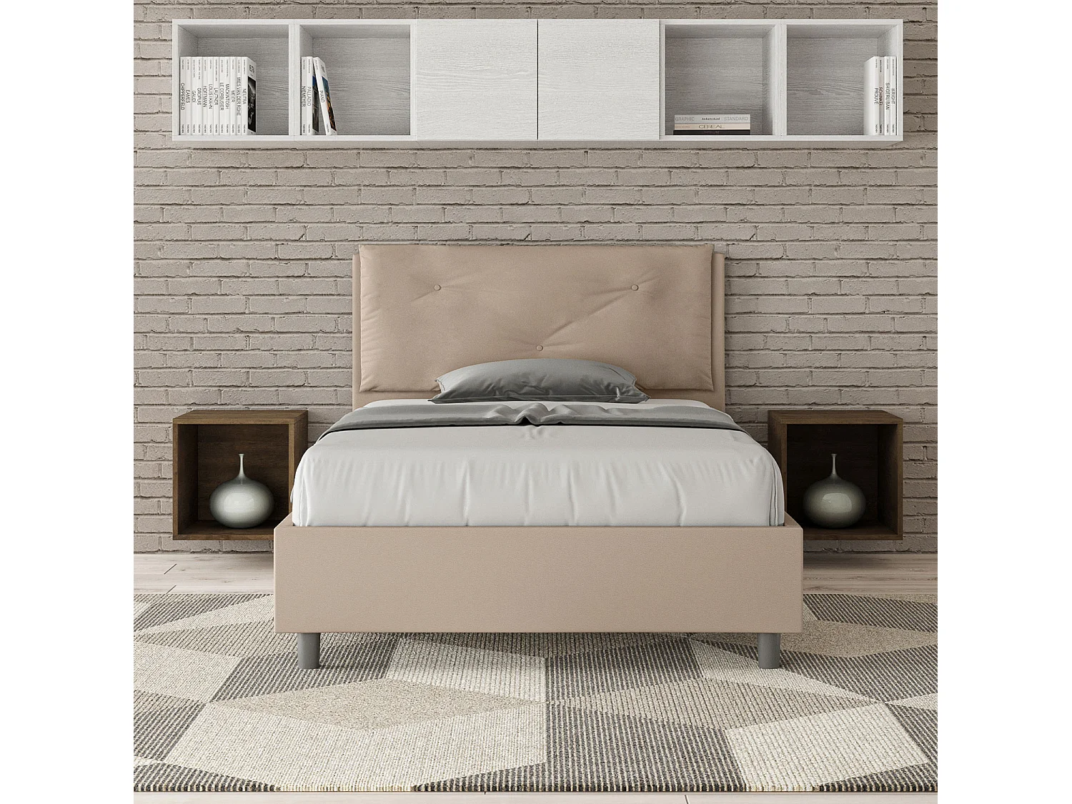 Lit 1 place et demi coffre rembourré 120x210 similicuir taupe Appia Large
