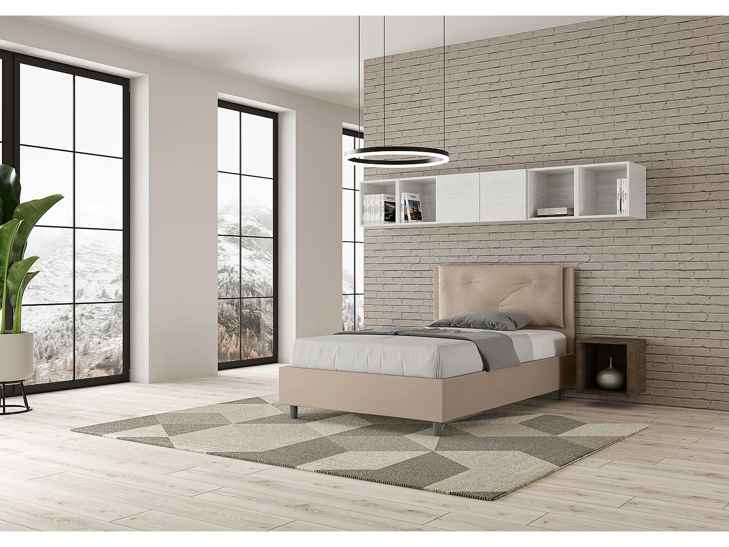 Lit 1 place et demi coffre rembourré 120x210 similicuir taupe Appia Large