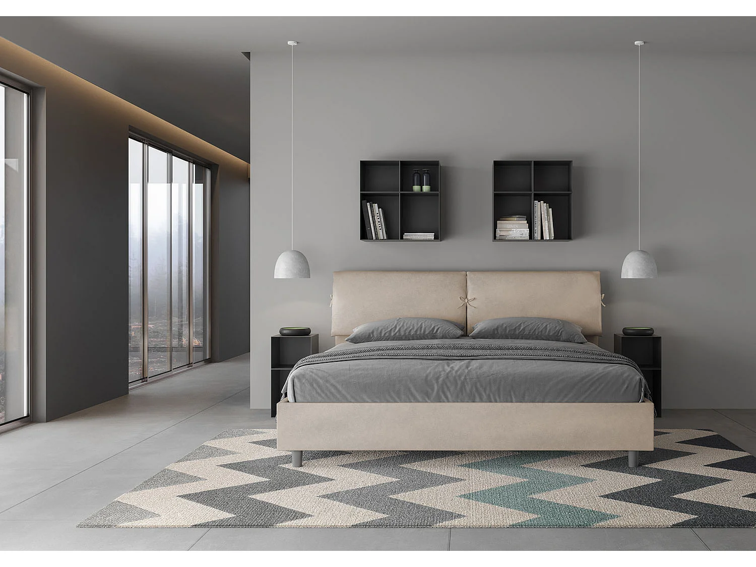 Lit king size coffre rembourré 180x210 microfibre sable Mados