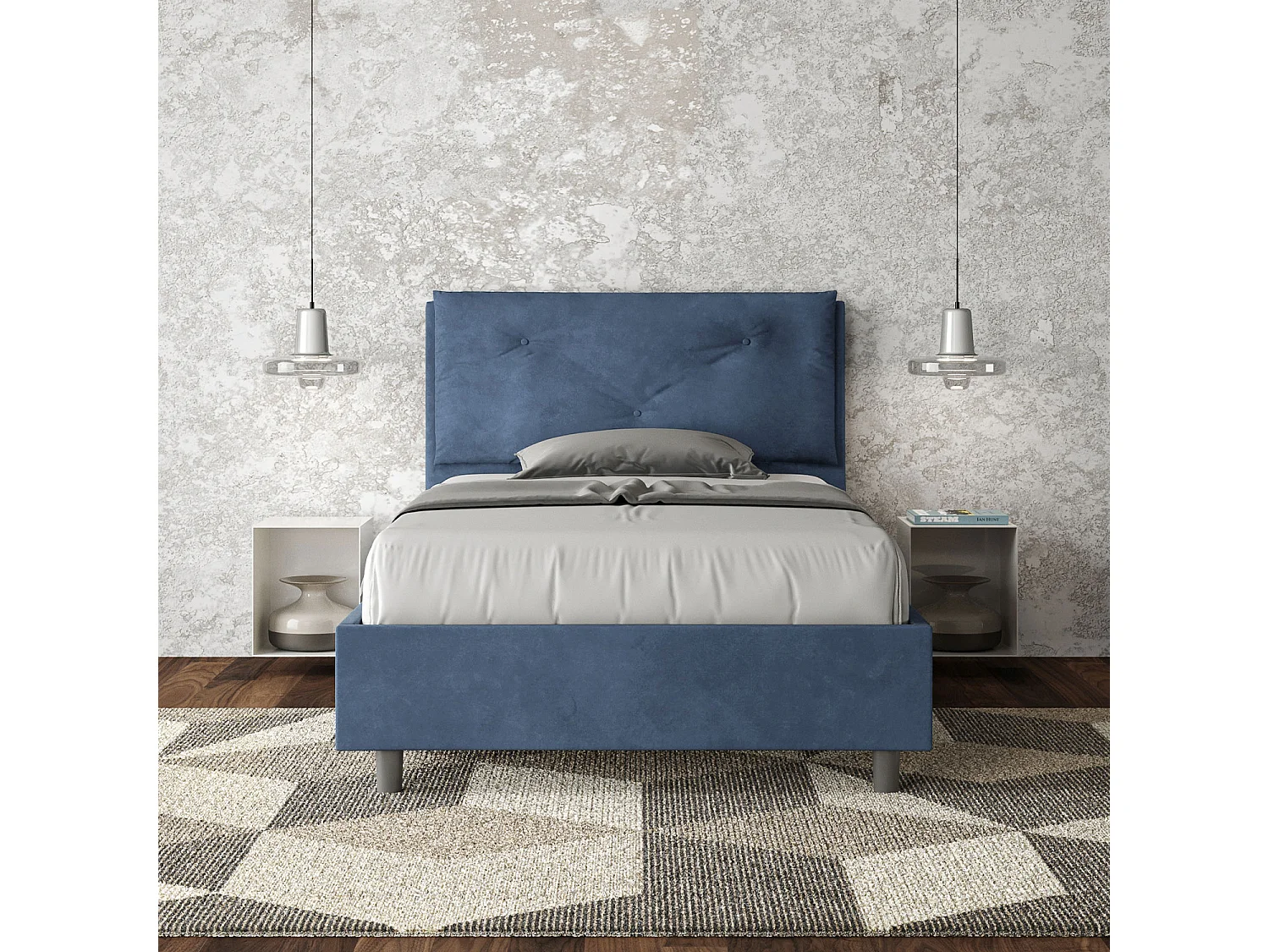 Letto una piazza e mezza contenitore imbottito 120x210 microfibra blu Appia Large