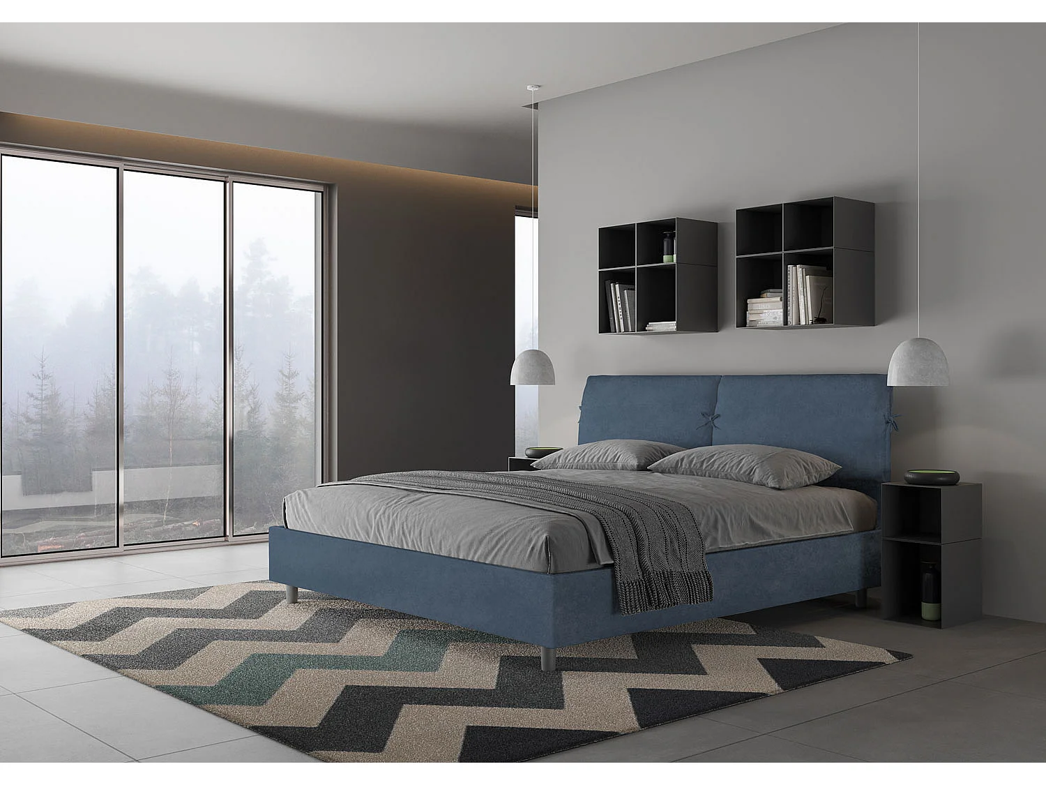 Gepolstertes Bett mit Bettkasten 180x200 mit Mikrofaserbezug Blau Mados