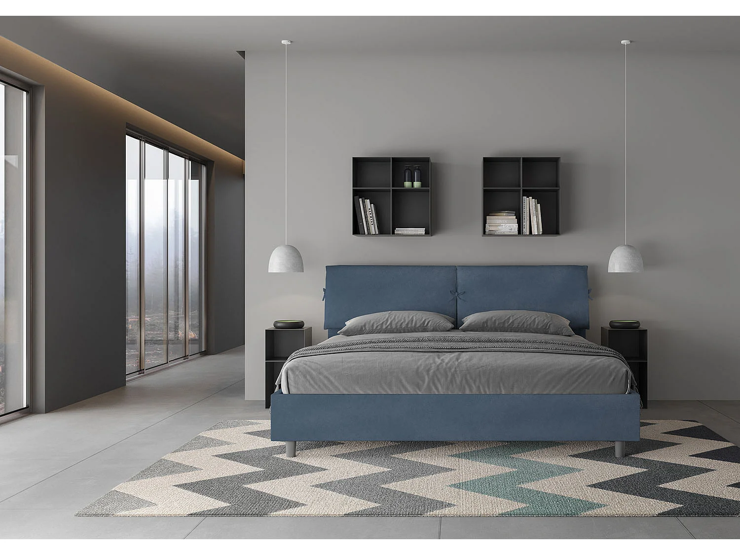 Lit king size coffre rembourré 180x200 microfibre bleu Mados