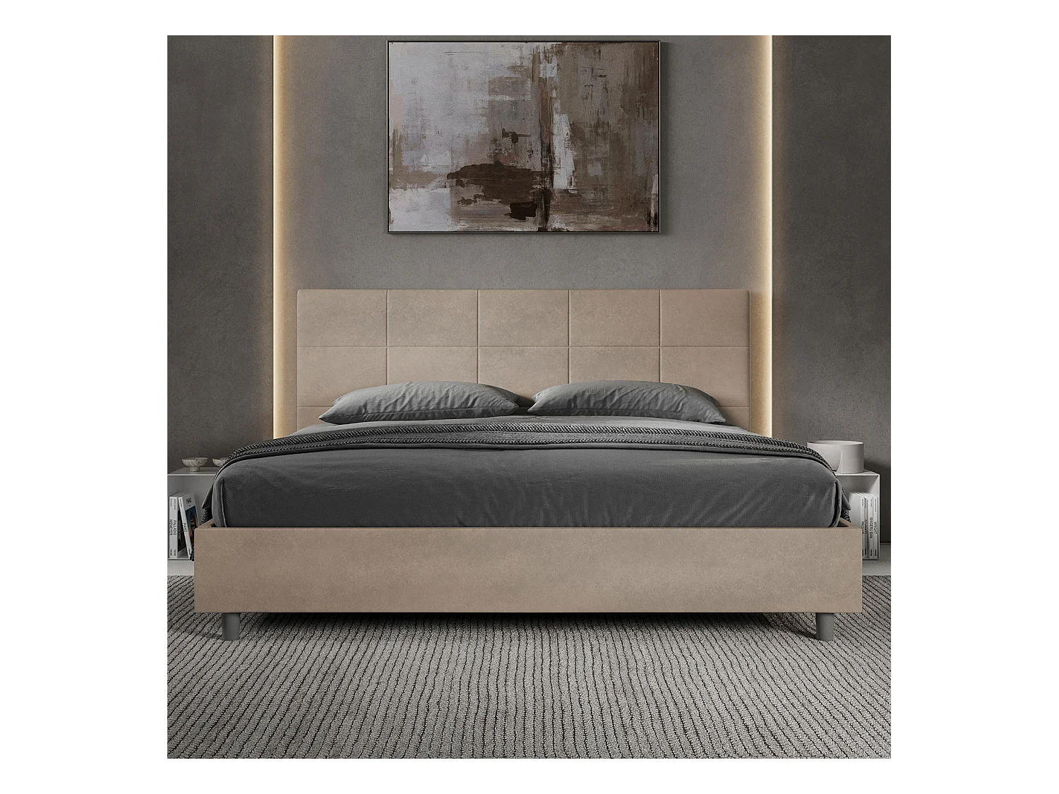 Cama matrimonial con almacenaje acolchada 200x200 microfibra arena Mika