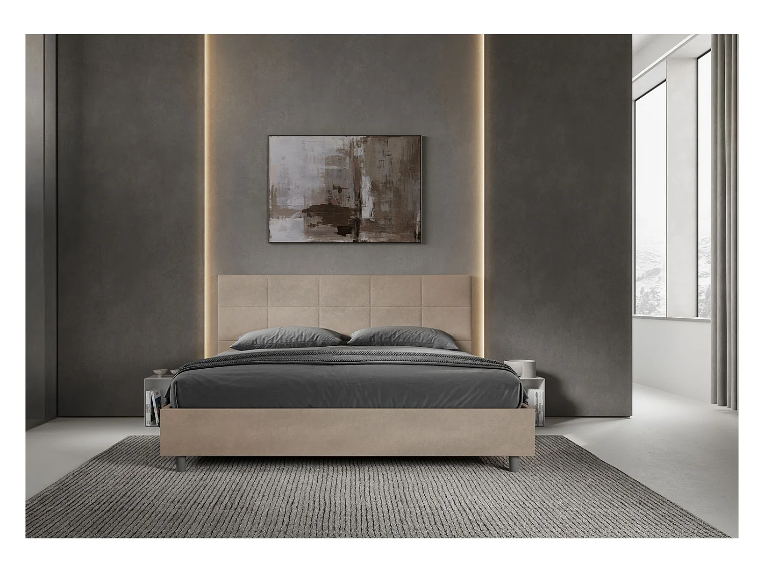 Cama matrimonial con almacenaje acolchada 200x200 microfibra arena Mika