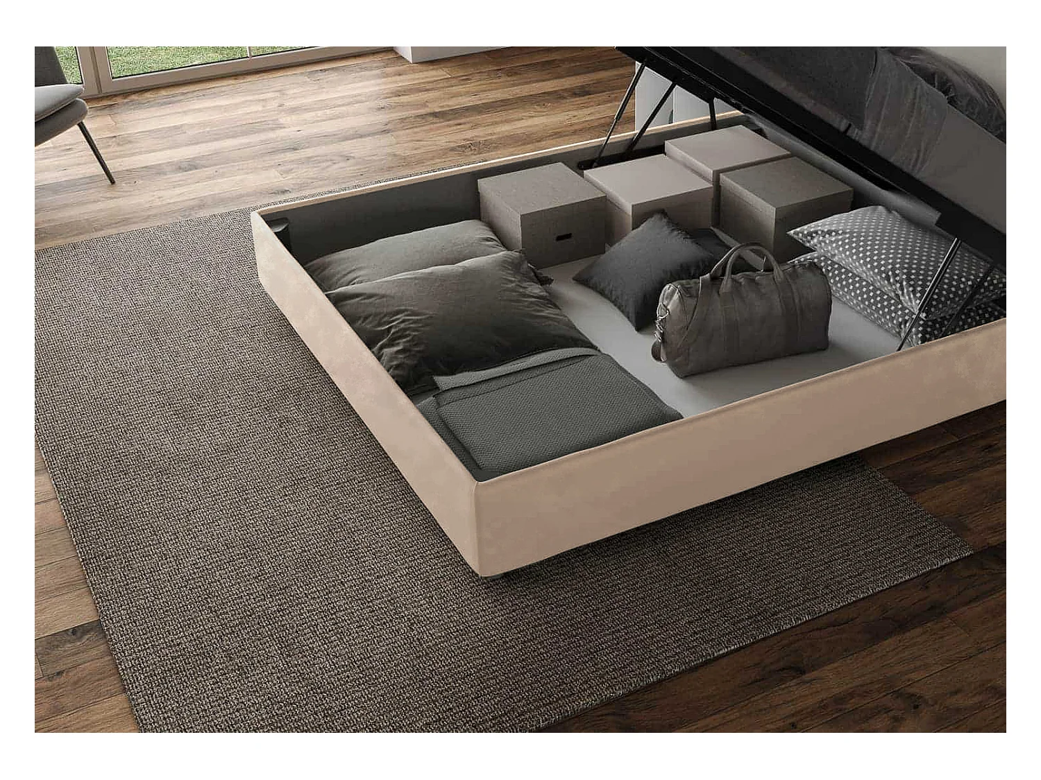 Cama matrimonial con almacenaje acolchada 200x200 microfibra arena Mika