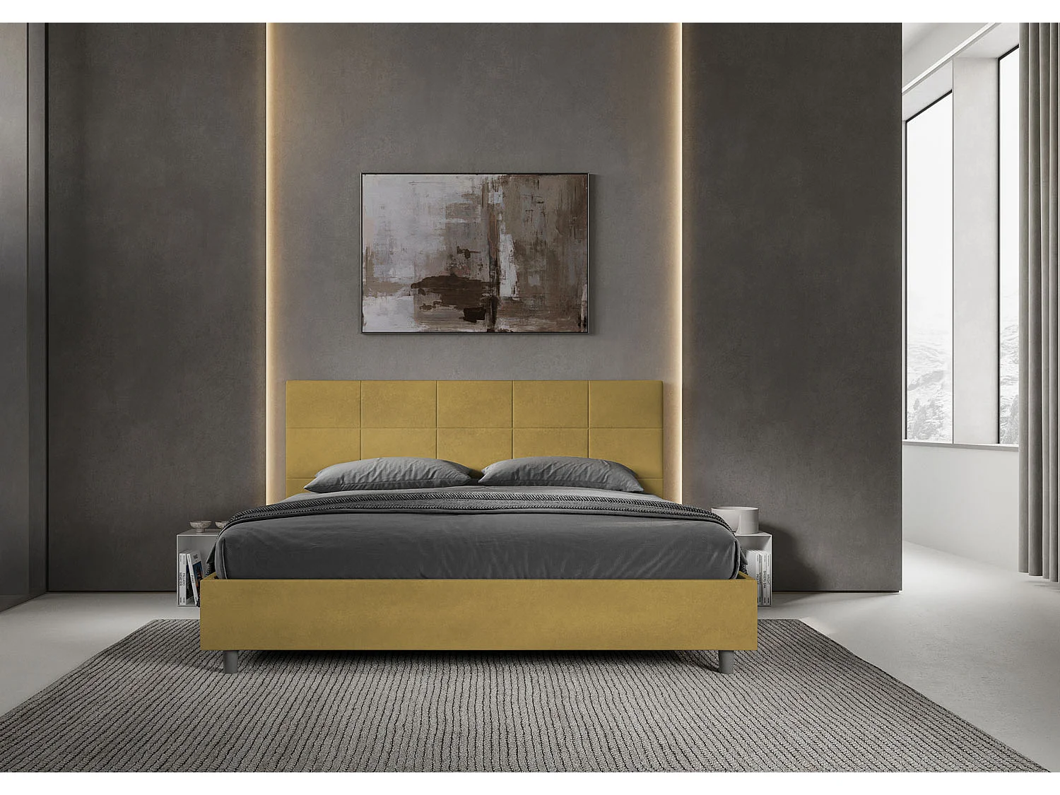 Lit king size coffre rembourré 200x210 microfibre ocre Mika