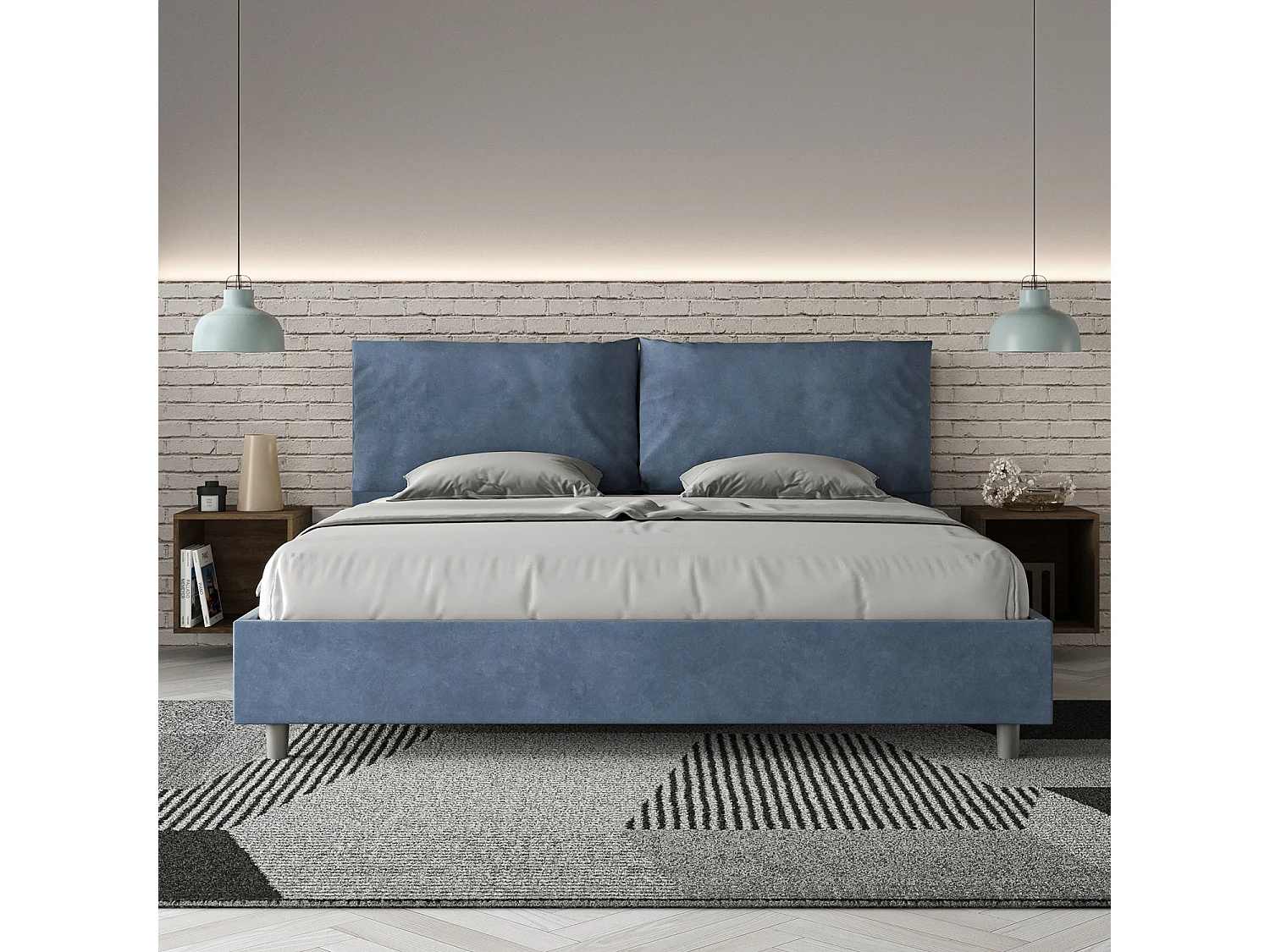 Gepolstertes Bett mit Lattenrost 200x210 mit Mikrofaserbezug Blau Antea Large